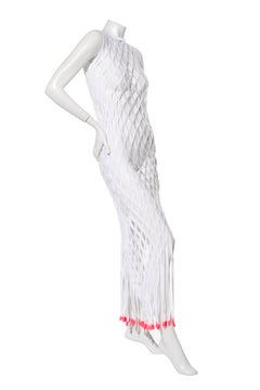 Off-White SS20 “Rete” White Lattice Maxi Dress with Neon Fringe, IT 38