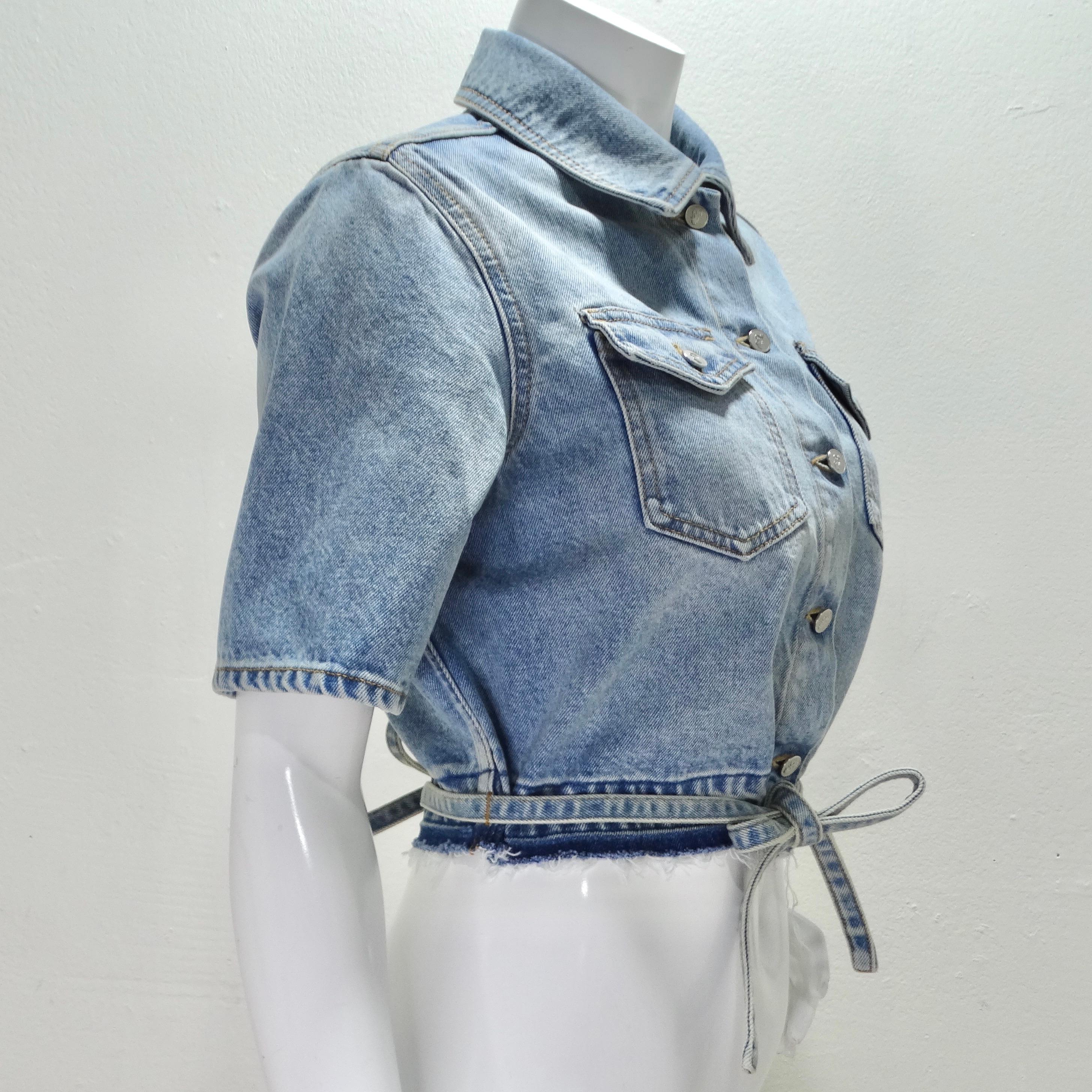 Off White Strings Boxy Cropped Denim Shirt For Sale 1