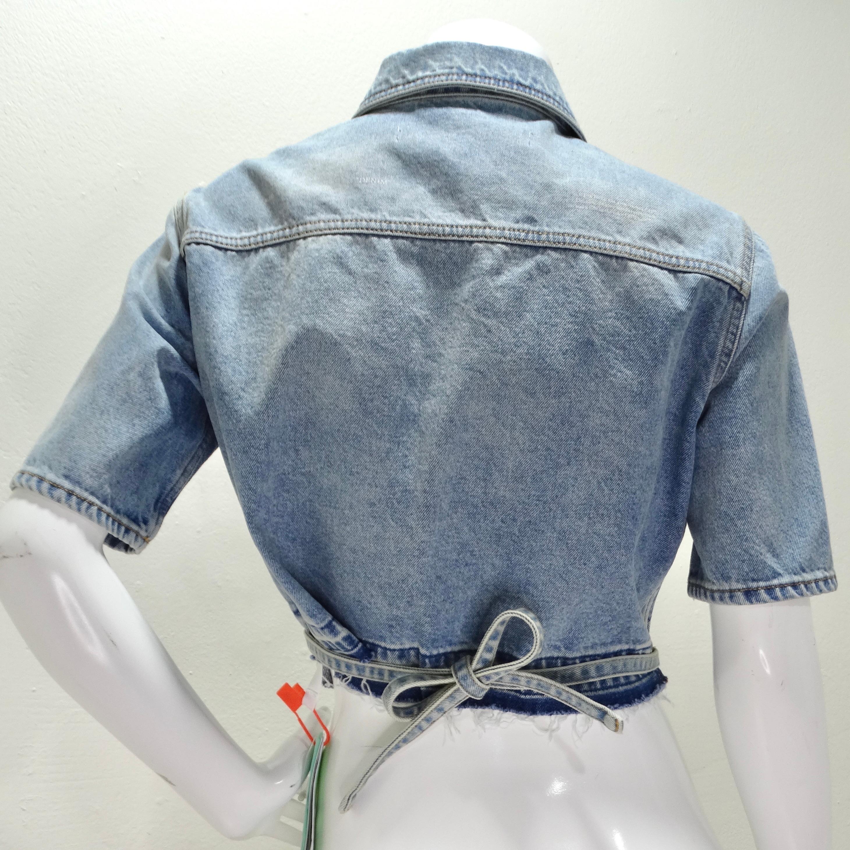 Off White Strings Boxy Cropped Denim Shirt For Sale 2