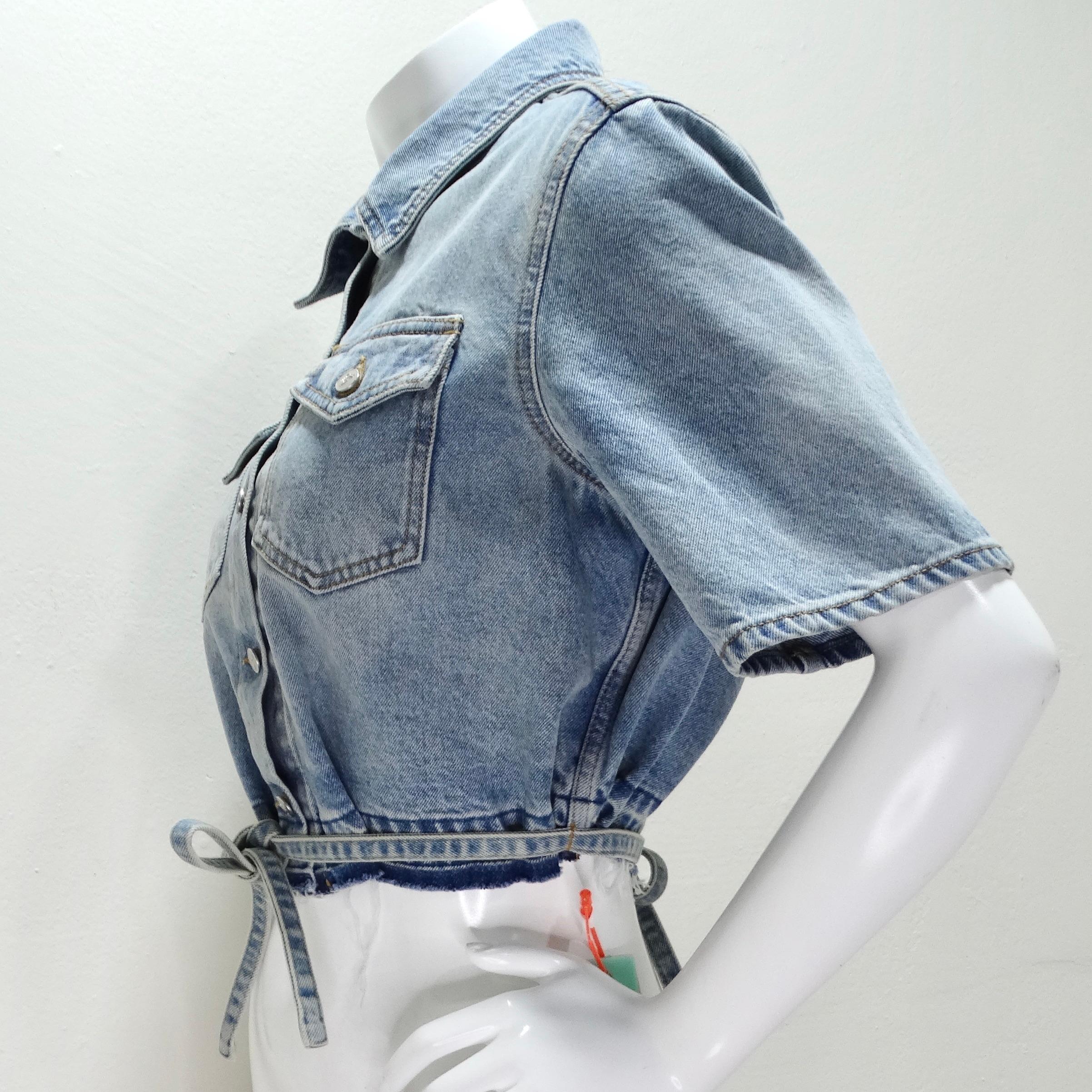 Off White Strings Boxy Cropped Denim Shirt For Sale 4