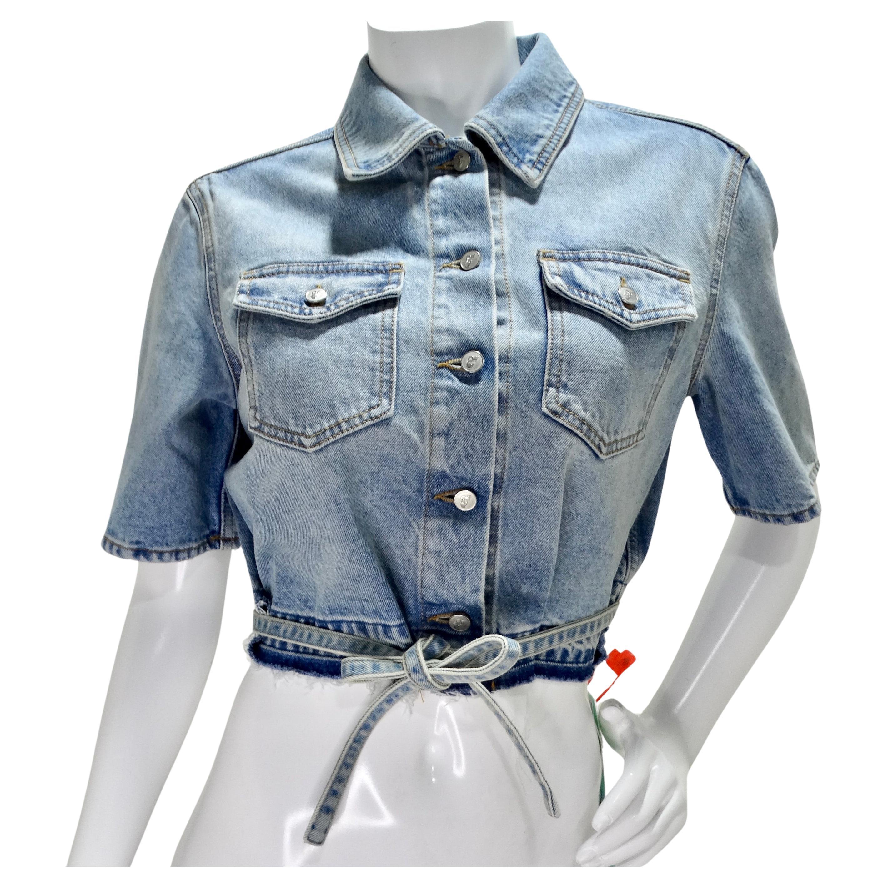 Off White Strings Boxy Cropped Denim Shirt For Sale