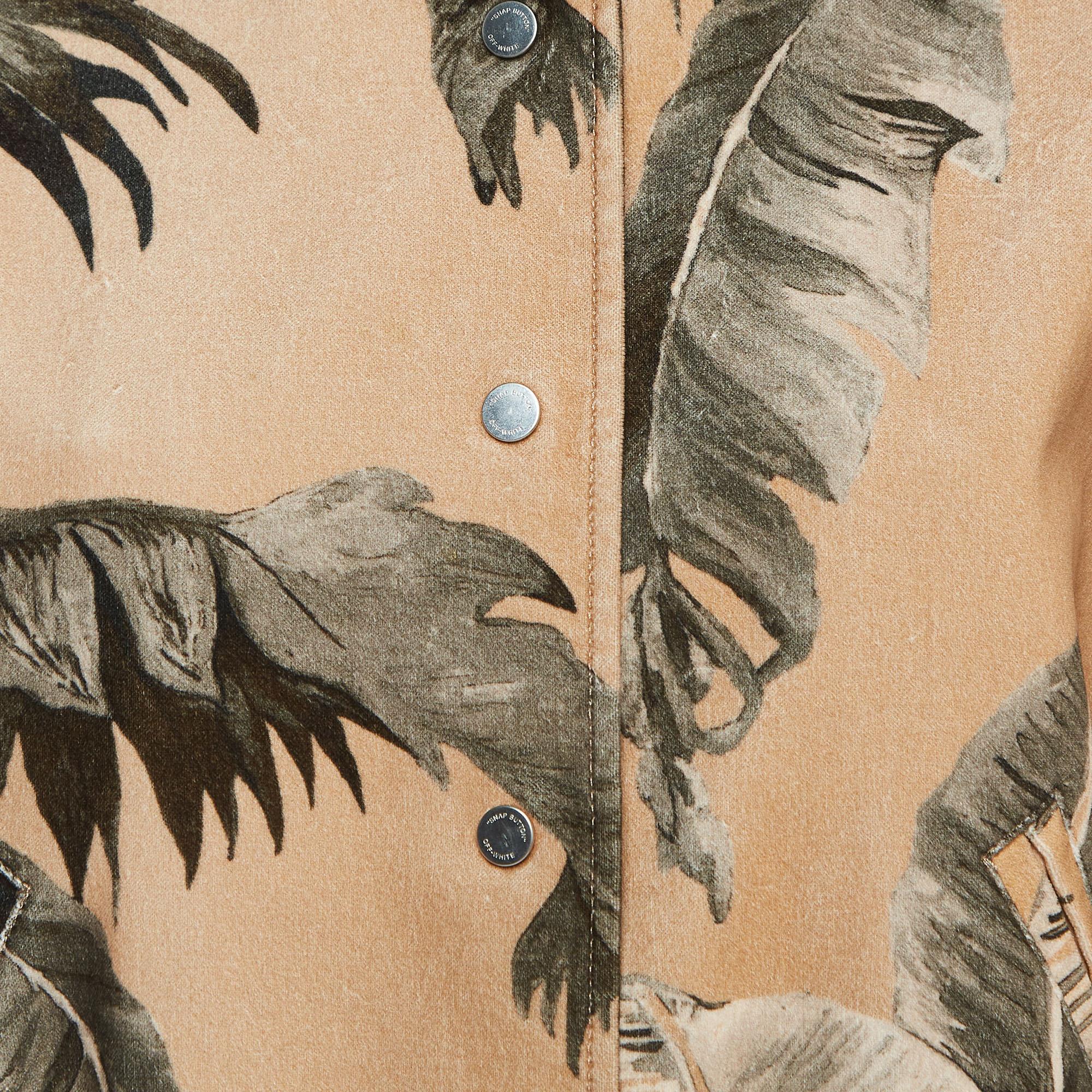 Women's Off-White Tan Leaf Print Velvet Cotton Buttoned Bomber Jacket S For Sale