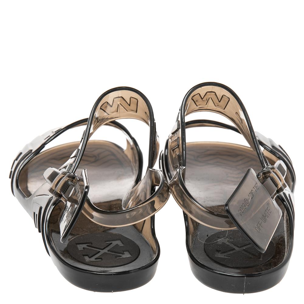 Off-White Transparent Black Jelly Zip Tie Slingback Flat Sandals Size 40 In Good Condition In Dubai, Al Qouz 2