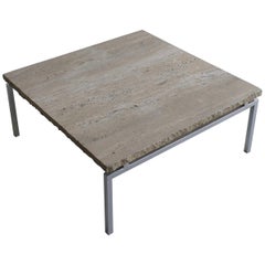 Off-White Travertine Square Coffee Table on a Chrome Base, France, 1970s