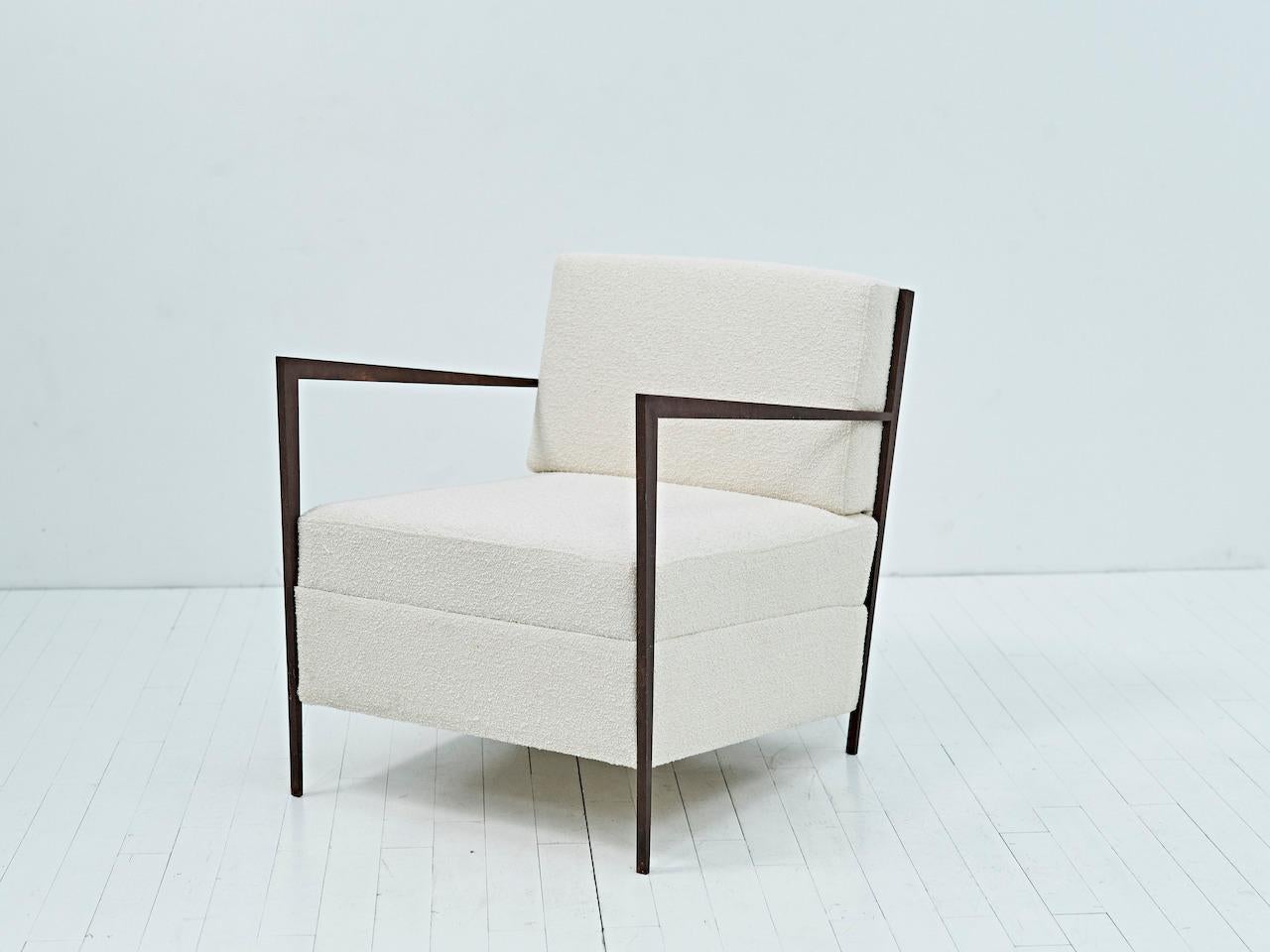 Origine armchair, Off-White Tweed Fabric and Corten Steel Arms, made in France, Limited Edition, Designed by Benjamin Poulanges, French artist represented by Galerie Negropontes in Paris, France.

Multi-faceted artist Benjamin Poulanges offers a
