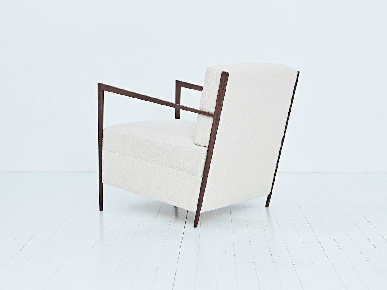 Contemporary Off-White Tweed Armchair with Corten Steel Arms by Benjamin Poulanges France For Sale