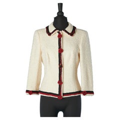 Off-white tweed jacket with beaded and flower crochet work on the edge Escada 