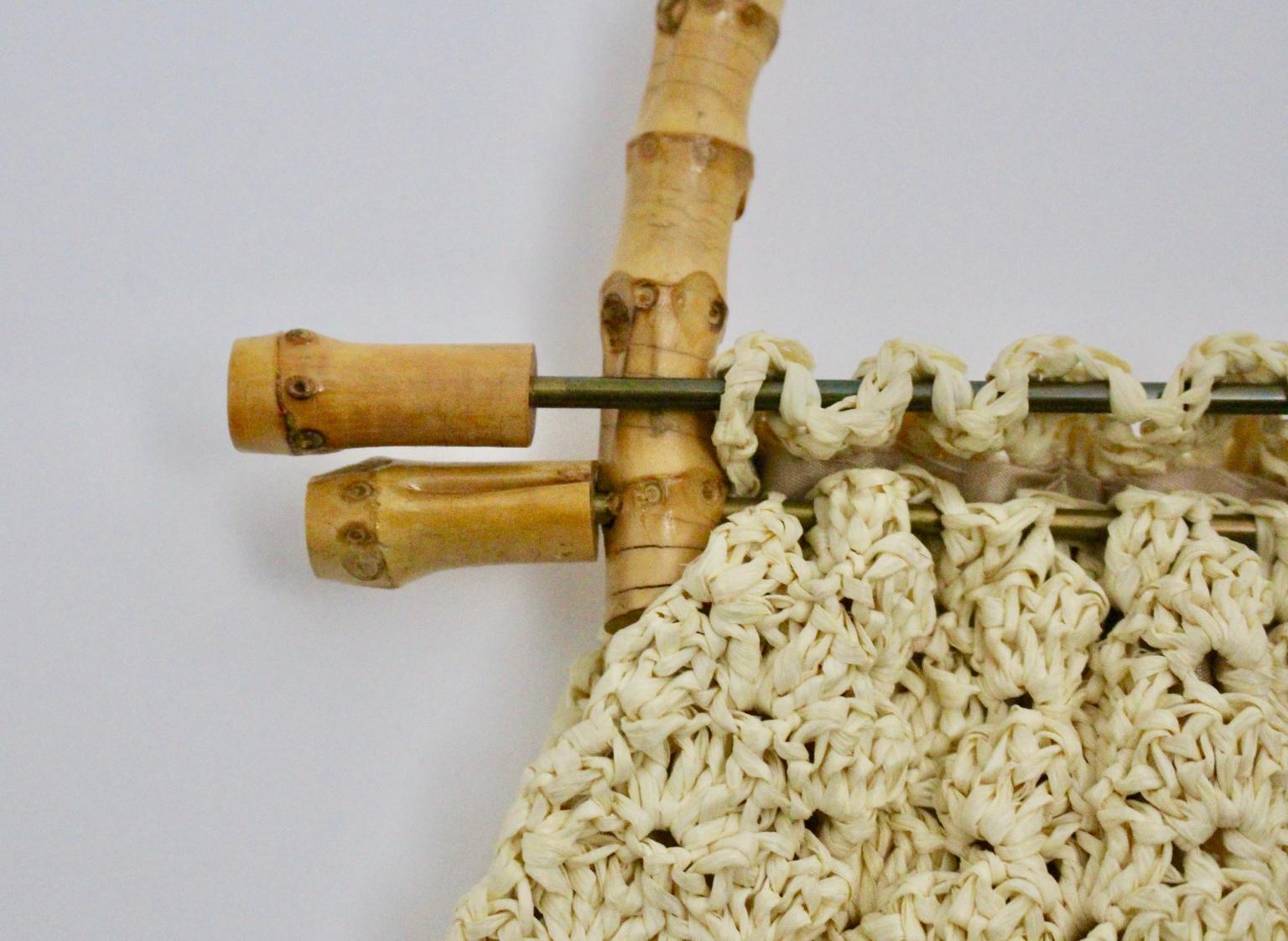 Off White Vintage Crochet  Bamboo Handle Bag 1960s Italy For Sale 2
