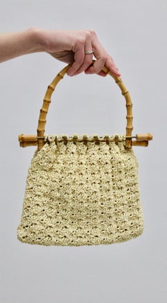 Off White Vintage Crochet  Bamboo Handle Bag 1960s Italy