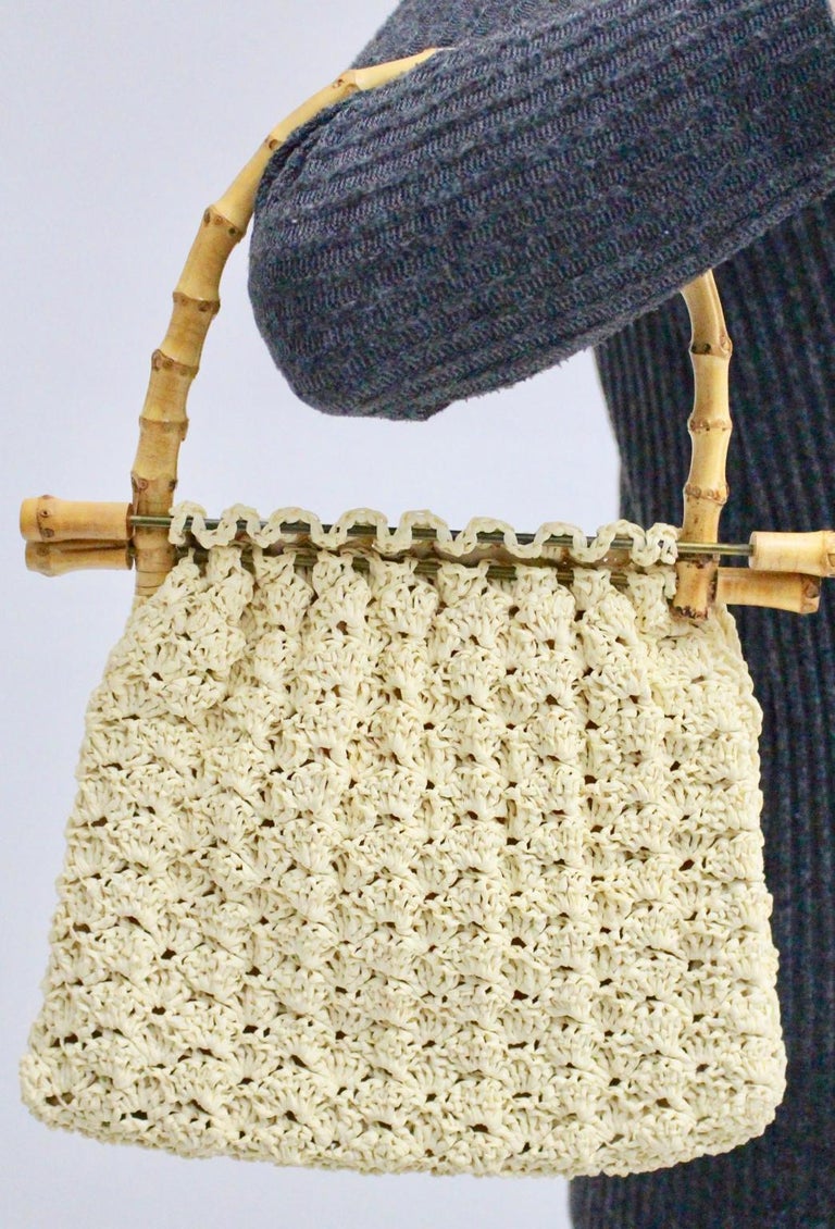 Off White Vintage Crochet Bamboo Handle Bag 1960s Italy For Sale at 1stDibs