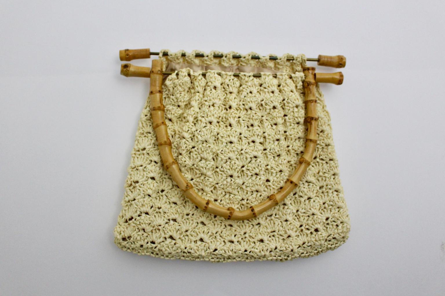 Brown Off White Vintage Crochet  Bamboo Handle Bag 1960s Italy For Sale