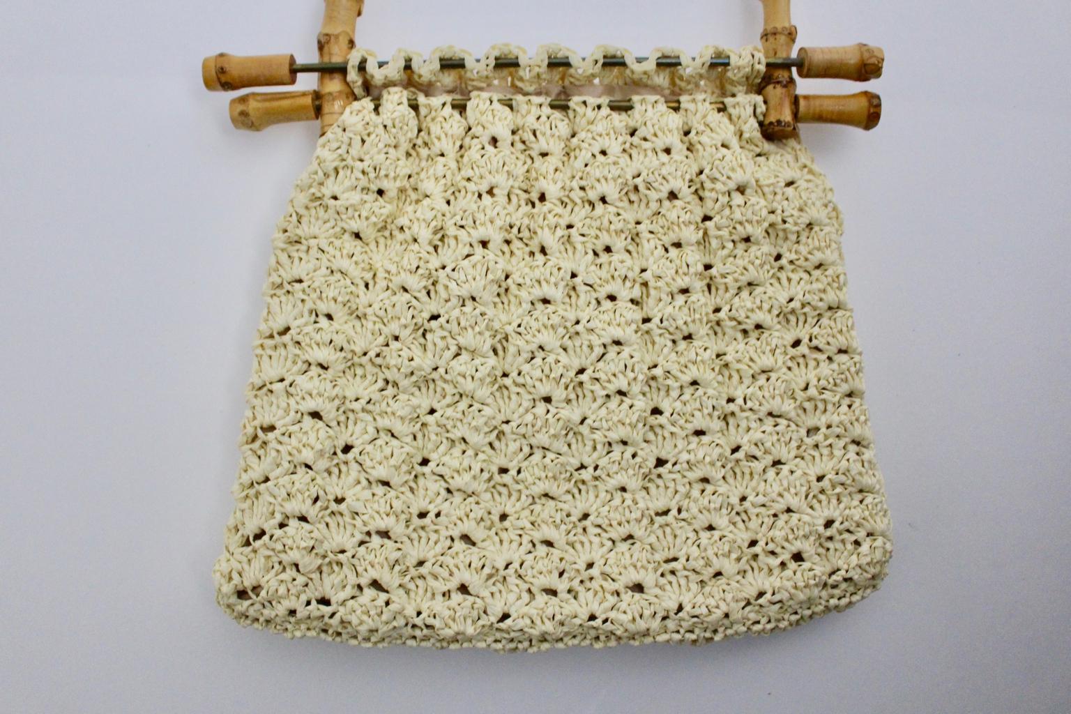 Women's Off White Vintage Crochet  Bamboo Handle Bag 1960s Italy For Sale