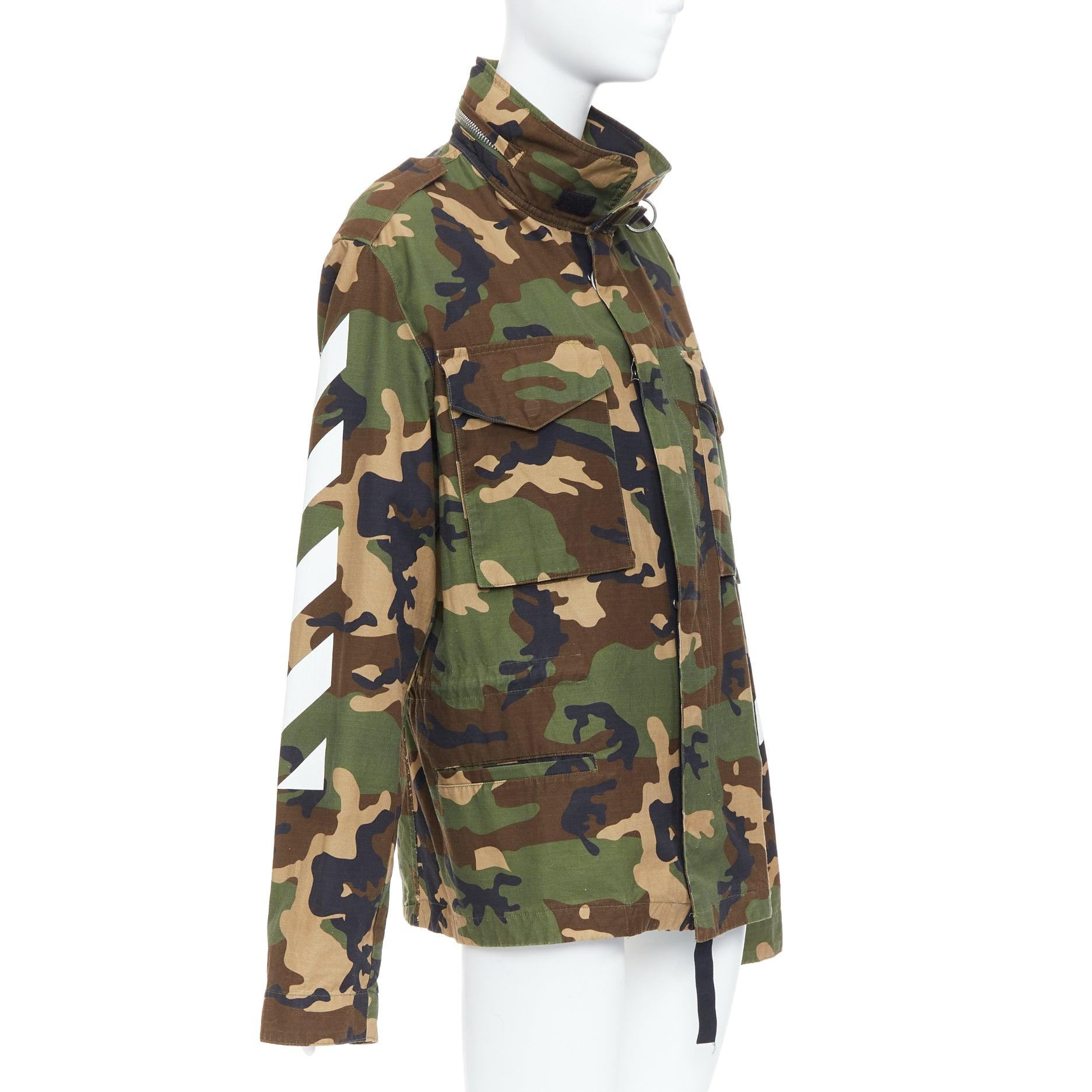 OFF WHITE Virgil Abloh green Camo cotton white logo field jacket M In Good Condition In Hong Kong, NT