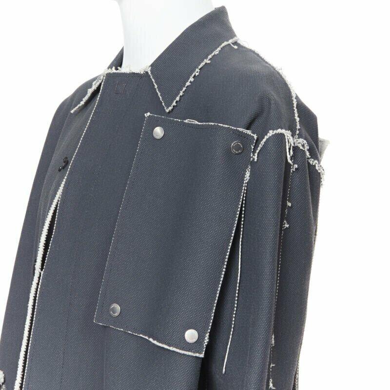 OFF WHITE VIRGIL ABLOH grey coated heavy canvas frayed edge snap panel coat XS For Sale 4