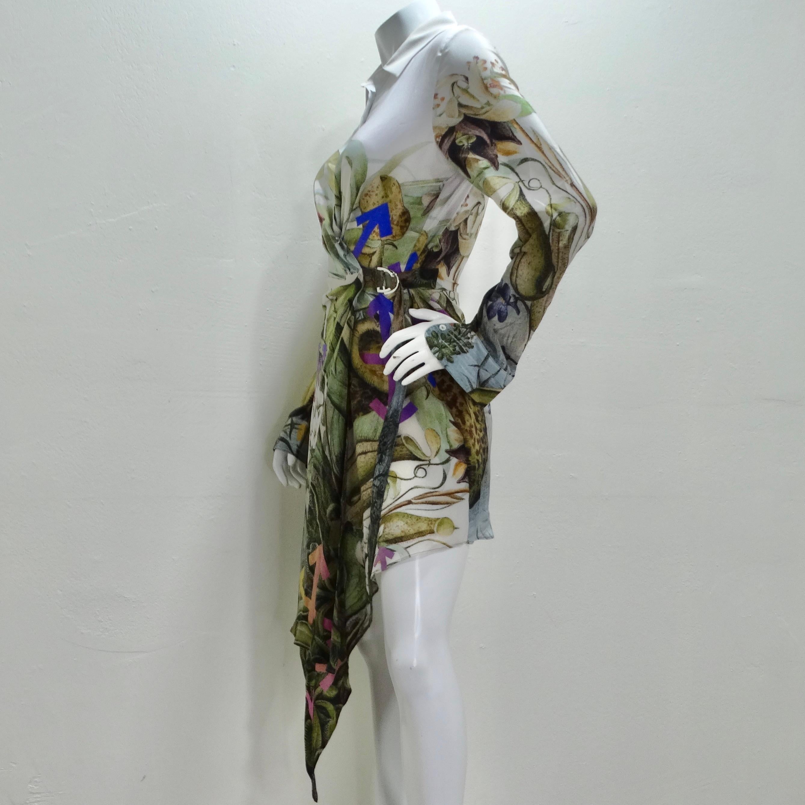Off White Virgil Abloh Multi Botanical Silk Shirt Dress For Sale 5