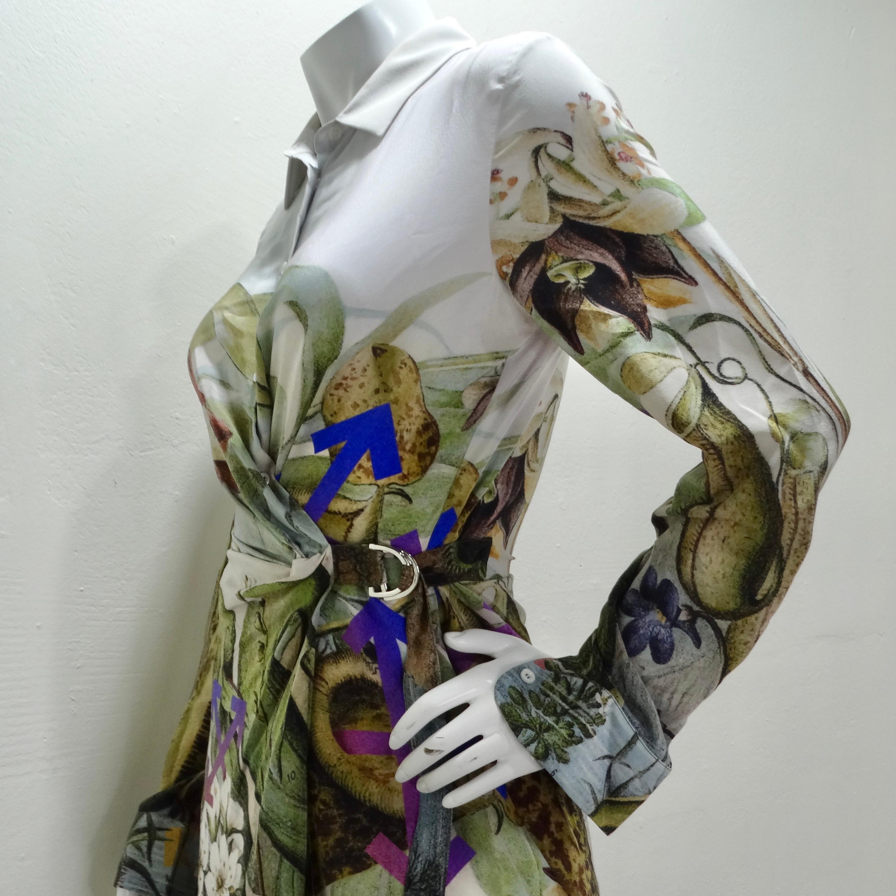 Off White Virgil Abloh Multi Botanical Silk Shirt Dress For Sale 6