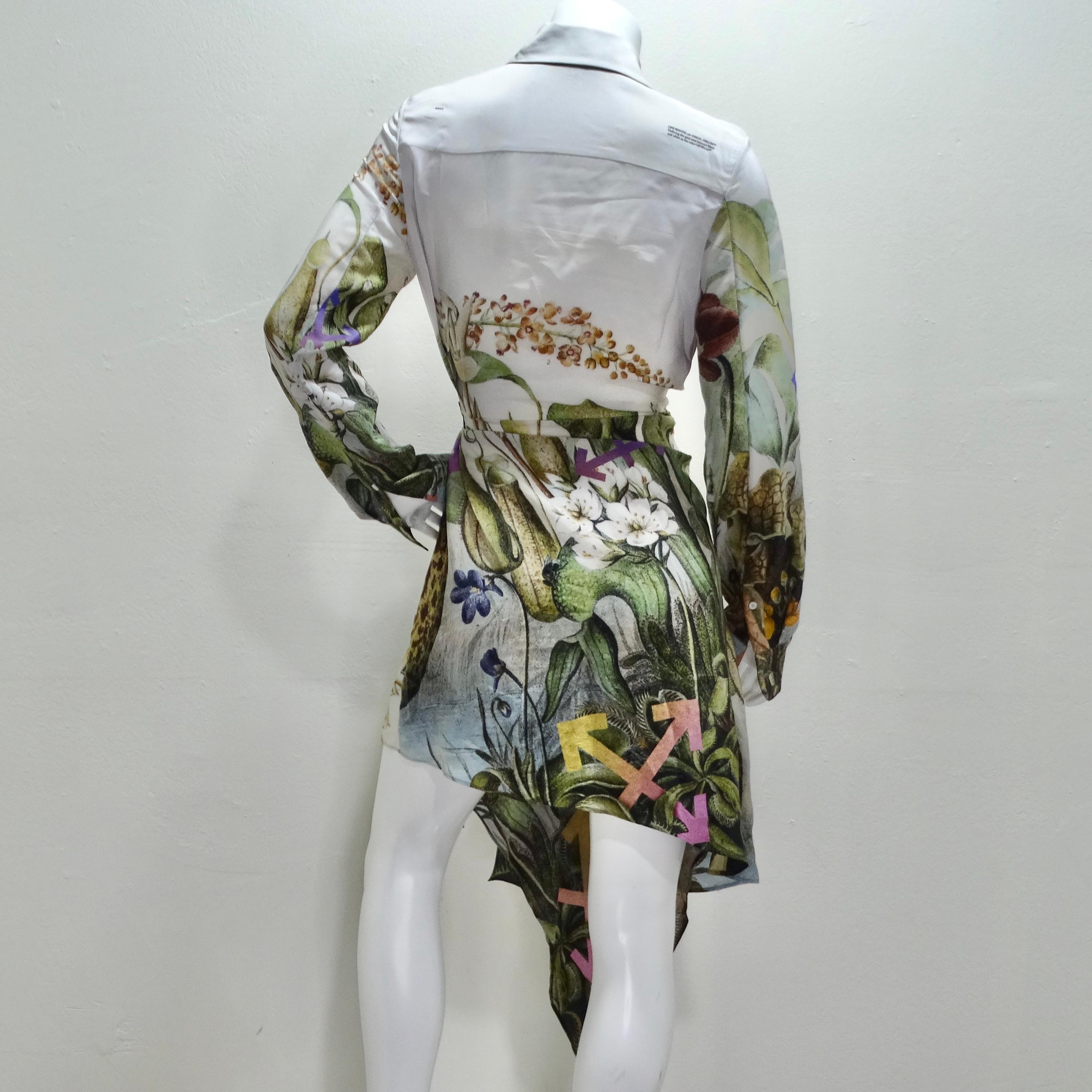 Off White Virgil Abloh Multi Botanical Silk Shirt Dress For Sale 2