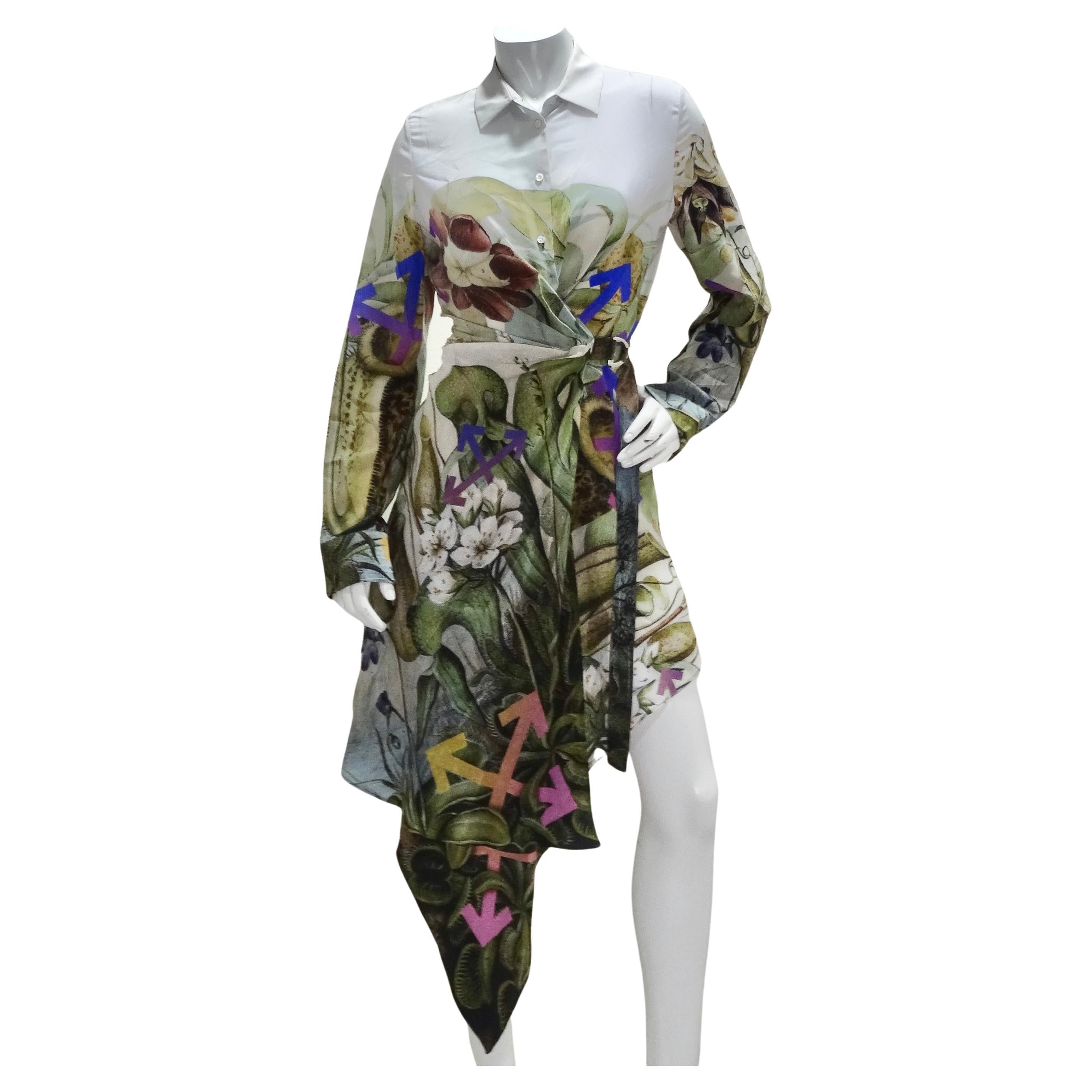 Off White Virgil Abloh Multi Botanical Silk Shirt Dress For Sale
