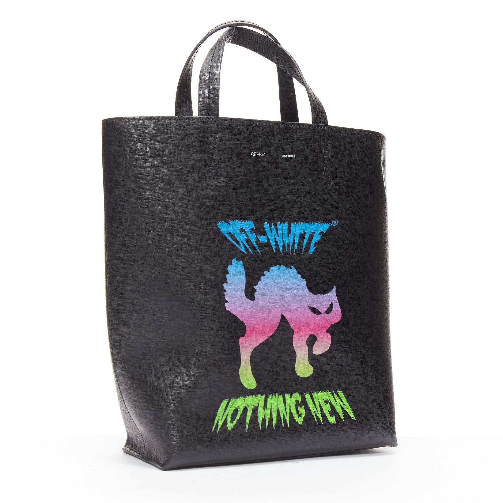 Black OFF WHITE Virgil Abloh Natural Habitat leather neon cat print crossbody tote bag For Sale