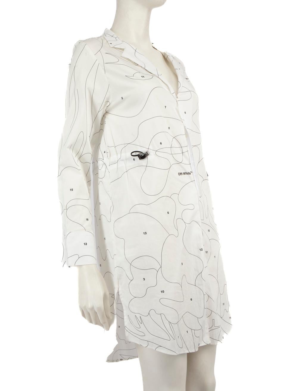 CONDITION is Never worn, with tags. No visible wear to dress is evident on this new Off-White designer resale item.
 Details
 White
 Cotton
 Shirt dress
 Mini
 Long sleeves
 Side adjustable drawstrings
 Abstract pattern
 V neck
 Front hook and