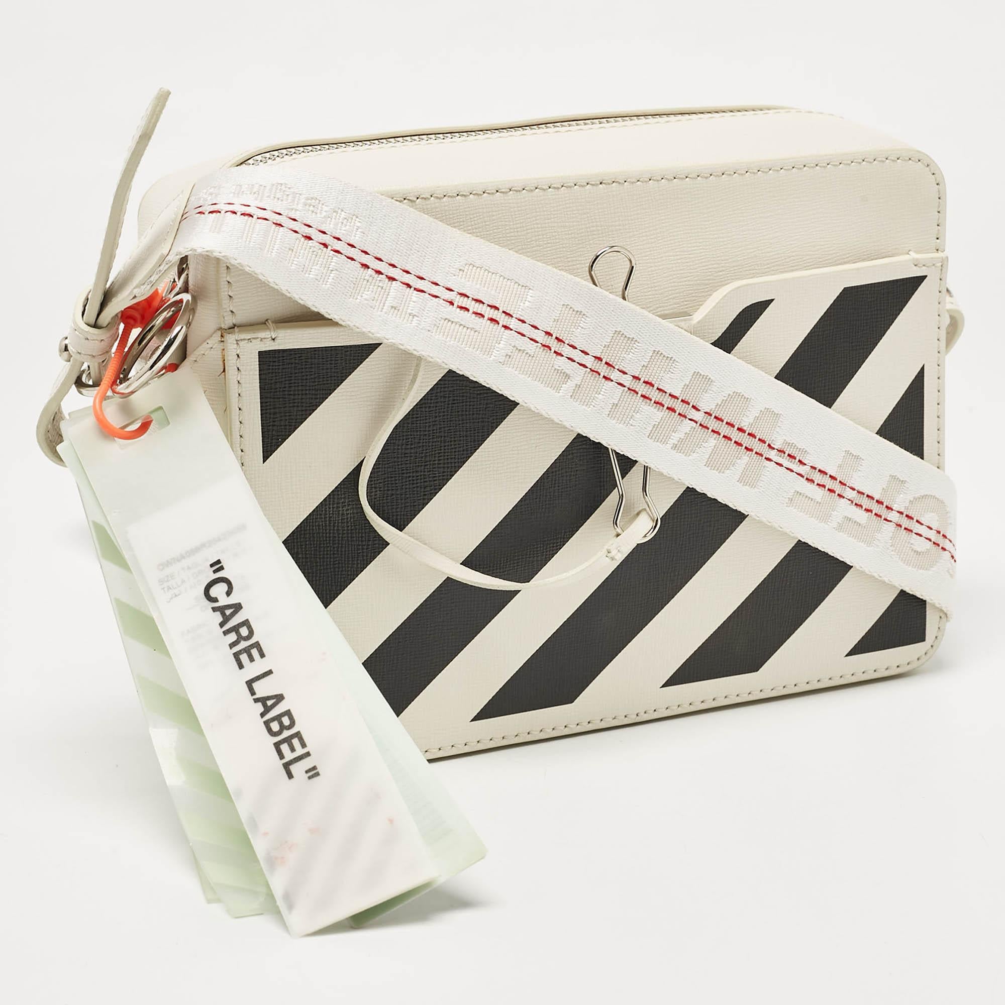 Beige Off-White White/Black Leather Diag Camera Bag