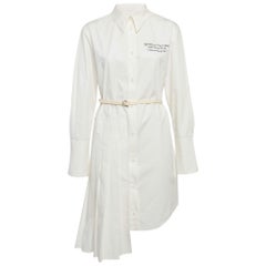 Off-White Bianco Vestito corto in cotone plissettato davanti ai bottoni M.