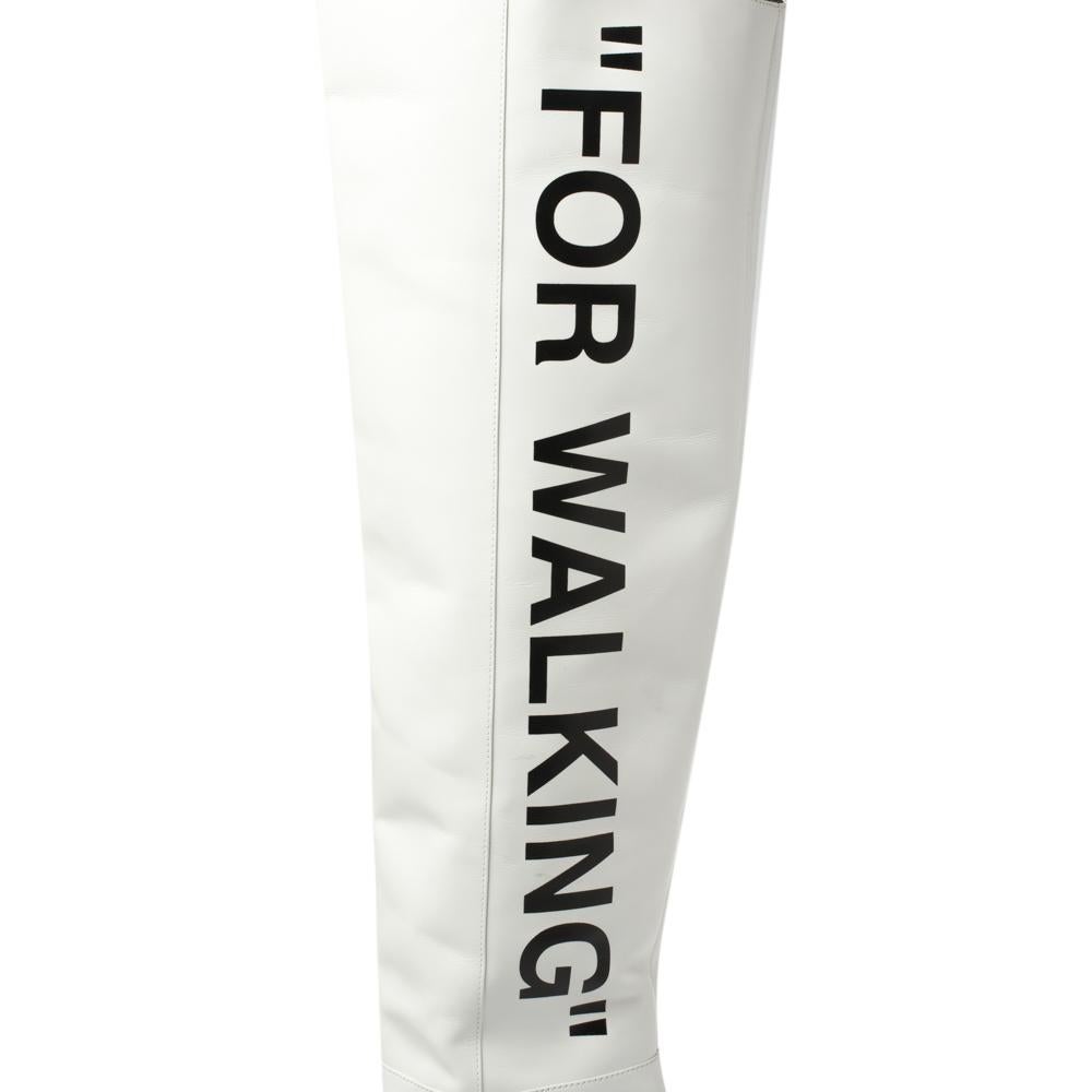 Off-White White Leather For Walking Thigh High Boots Size 37 In Excellent Condition In Dubai, Al Qouz 2