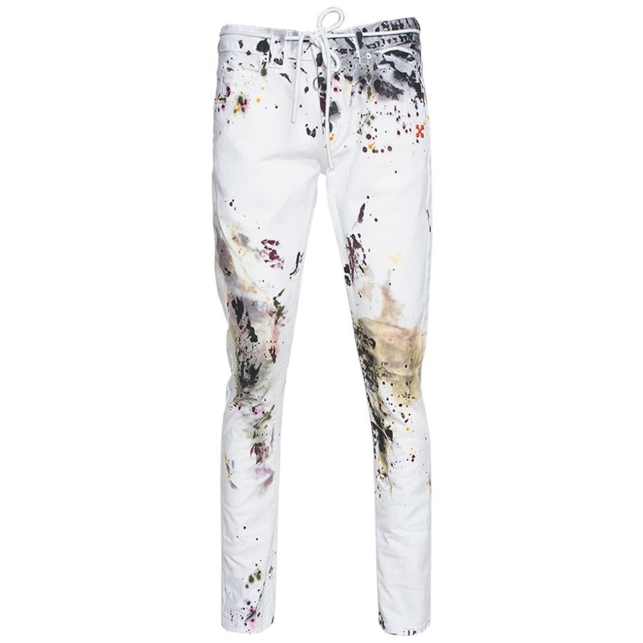 Off-White White Paint Splatter Denim Slim Fit Jeans M at 1stDibs | white with paint splatter, white painted jeans, off white splatter