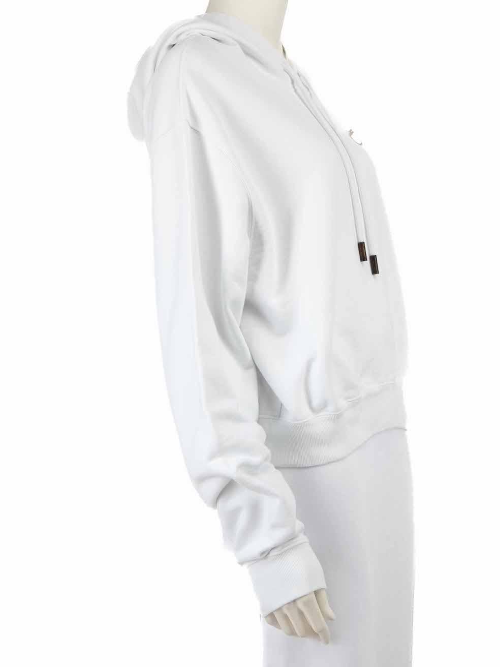 CONDITION is Very good. Minimal wear to hoodie is evident. Minimal wear to the left cuff and the neckline lining with discoloured marks on this used Off-White designer resale item.
 
 Details
 White
 Cotton
 Long sleeves hoodie
 Cropped length
