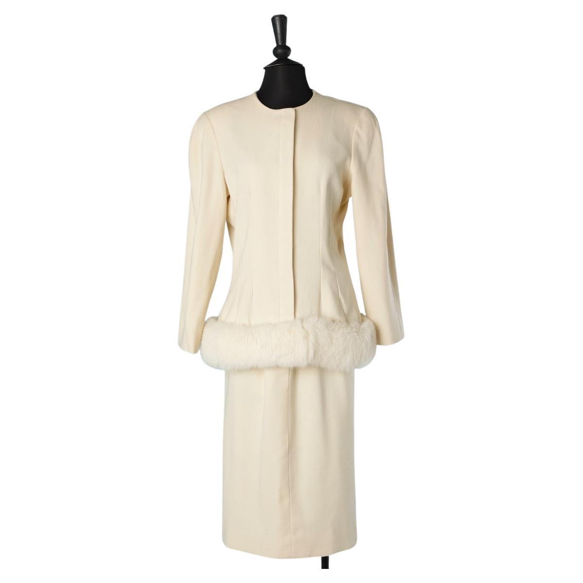 Off-white wool skirt-suit with fox furs  edge Victor Costa  For Sale