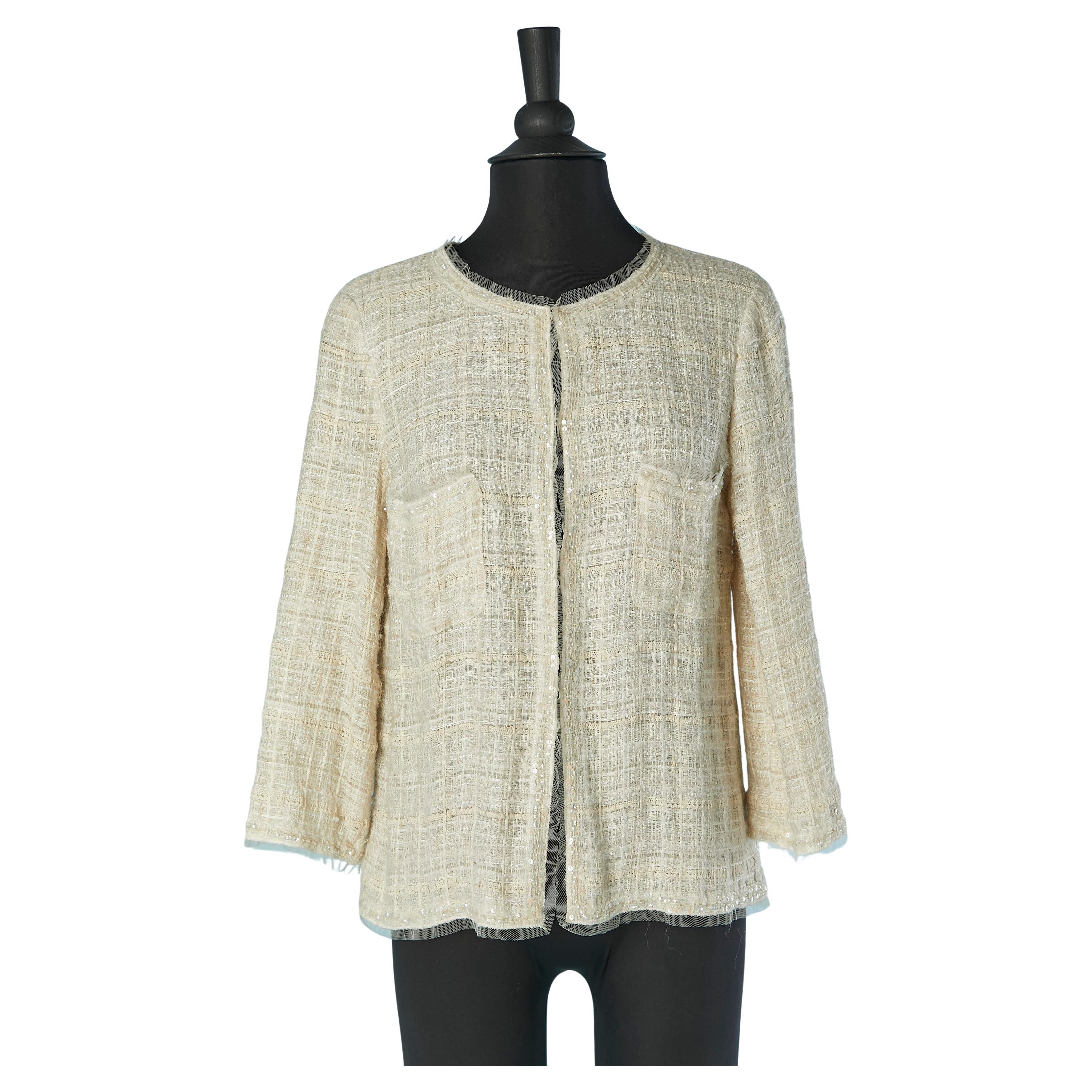 Chaqueta tejida borde a borde de color blanco roto con abalorios y adornos de lentejuelas CHANEL