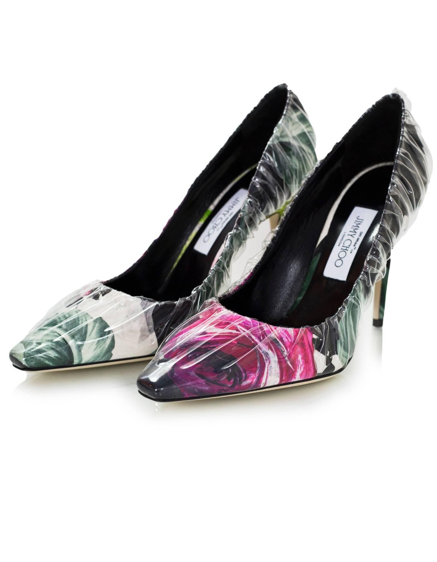 Off-White x Jimmy Choo Floral Printed Chisel Toe Anne 100 Pumps Sz 39.5 NIB

Features ruched TPU

Made In: Italy
Color: Black, green, pink, clear
Materials: Fabric, TPU
Closure/Opening: Slide on
Sole Stamp: Off-White c/o Jimmy Choo Made in Italy