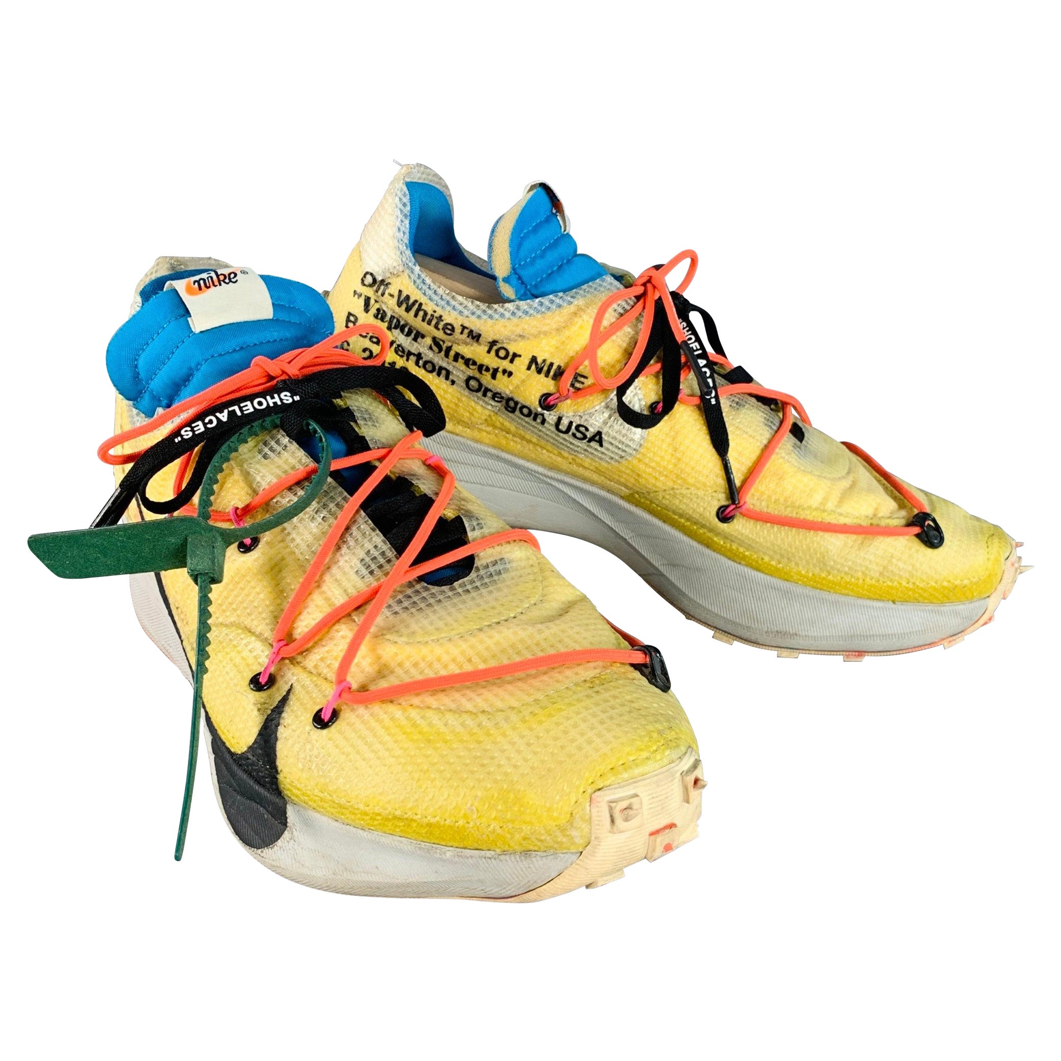 OFF-WHITE x NIKE 2020 Size 15.5 Yellow Blue Color Block Acetate Sneakers For Sale