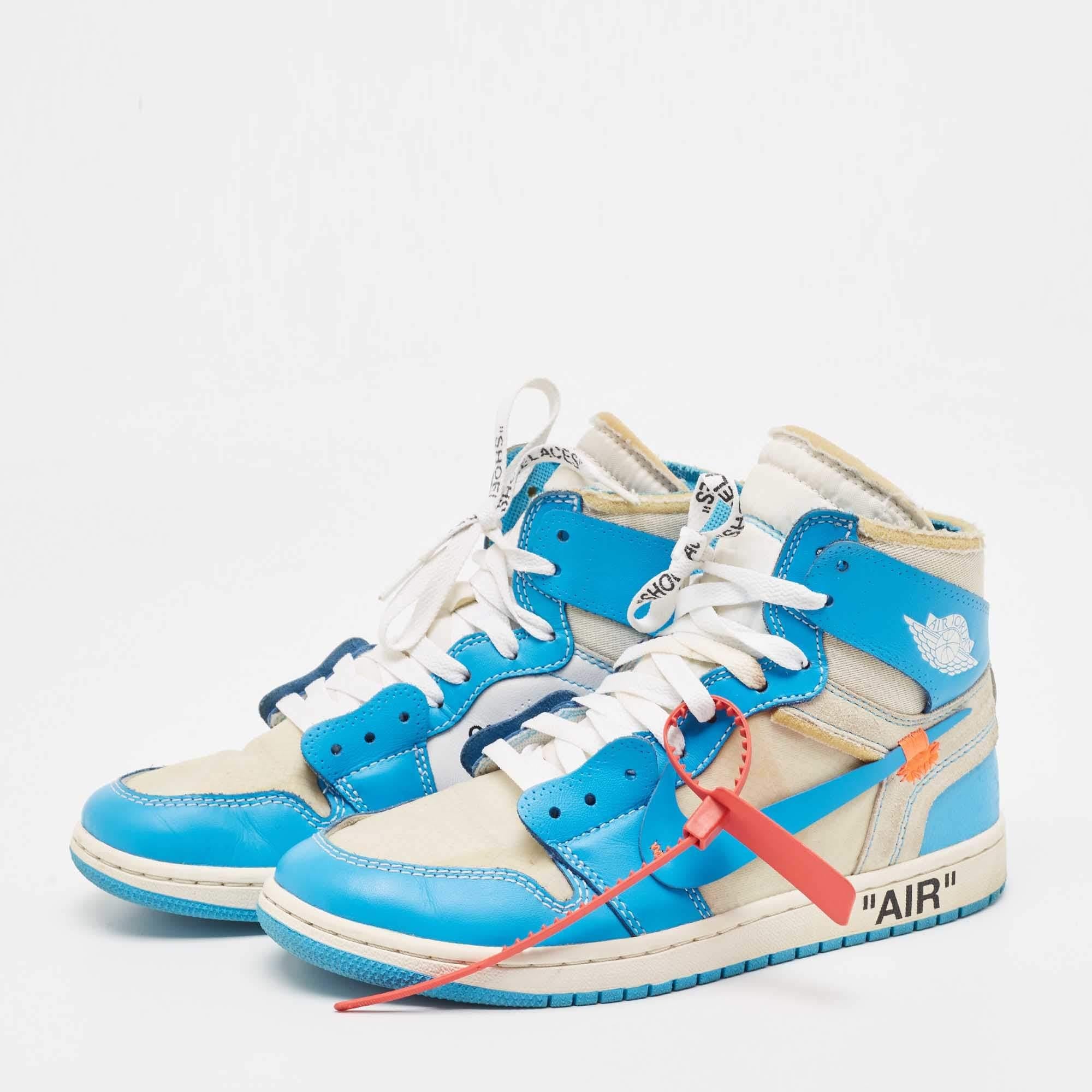 Off-White x Nike Blue/Grey Leather and Mesh Jordan 1 Retro High Sneakers Size 40 3
