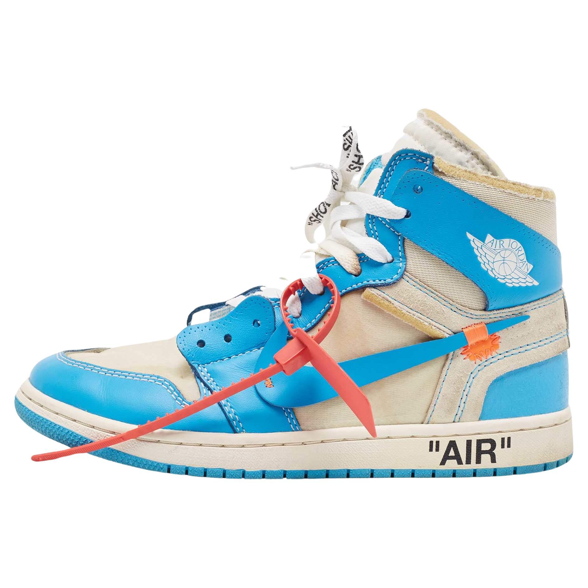 Off-White x Nike Blue/Grey Leather and Mesh Jordan 1 Retro High Sneakers Size 40