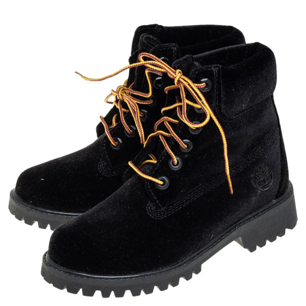 Off White x Timberland Black Velvet Ankle Boots Size 35.5 In Good Condition In Dubai, Al Qouz 2