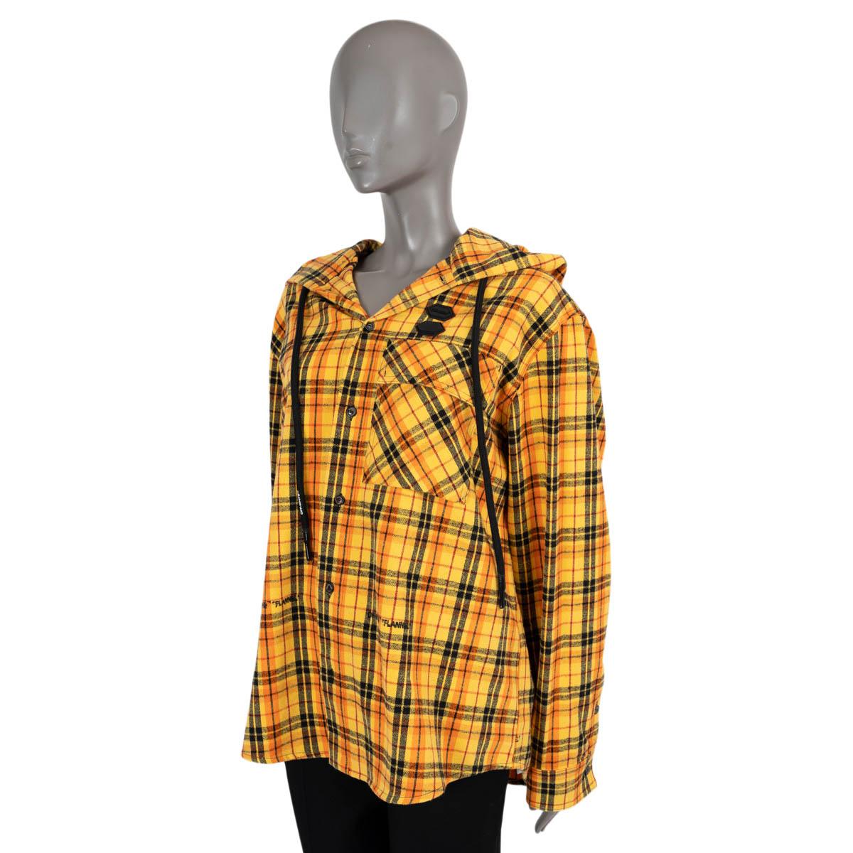 100% authentic OFF-WHITE flannel hooded button-up shirt in yellow, orange, red and black check cotton (75%), polyester (20%), viscose (3%) and acrylic (2%). Features an oversized fit, tonal arrow logo on the back, black rubber patches and flap