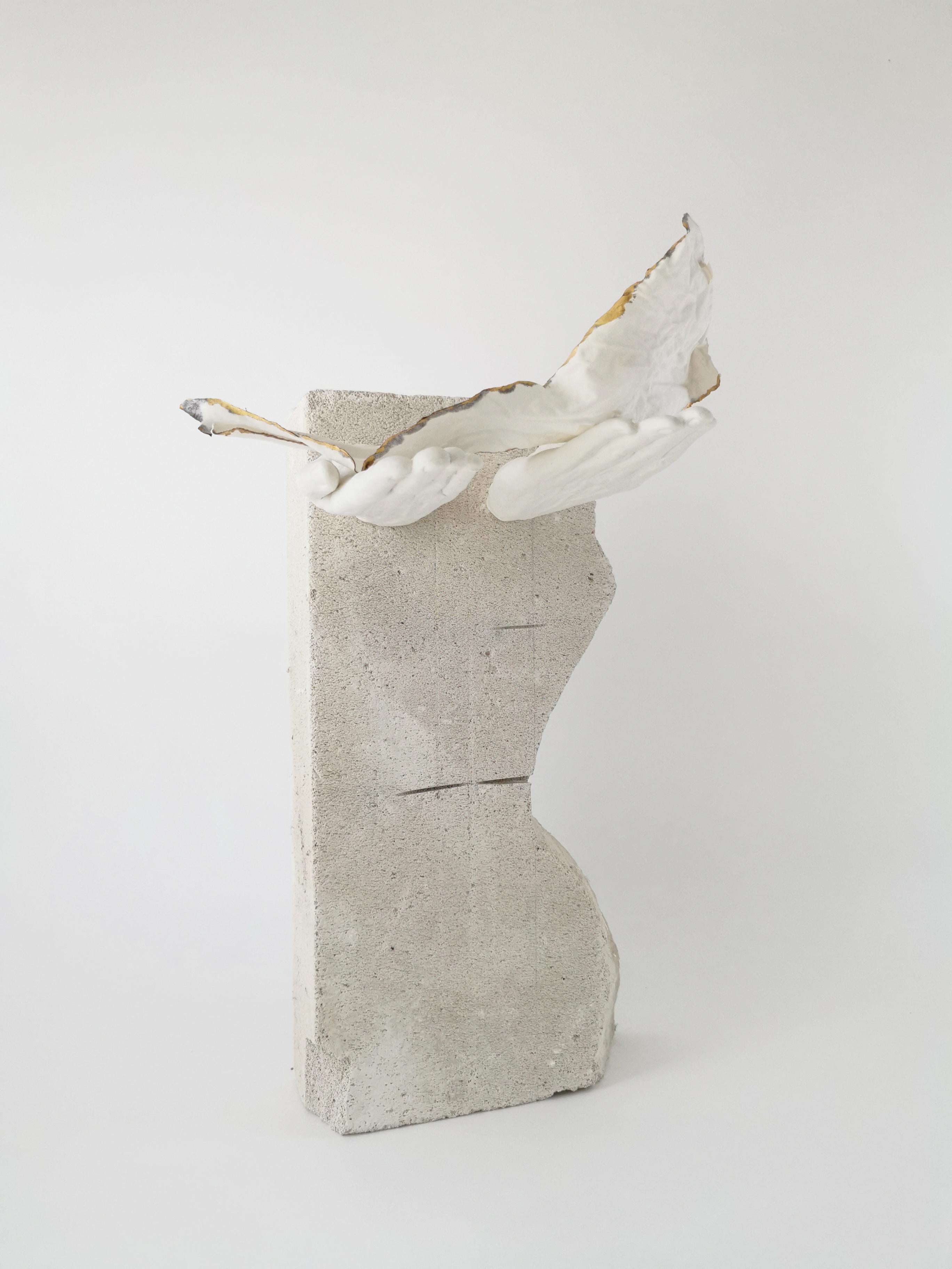 Offering II Sculpture by Dora Stanczel
One of a Kind.
Dimensions: D 15 x W 50 x H 37 cm.
Materials: Porcelain, metal, support tufa and gold.

I create bespoke and luxurious porcelain pieces with a careful aesthetic. Beyond the technical mastery of