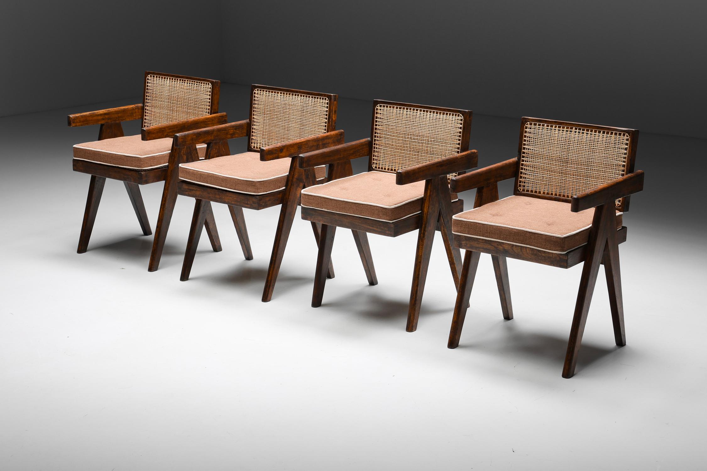 French Office Cane Chairs by Pierre Jeanneret, PJ-SI-28-A, Rosewood, Chandigarh, 1955