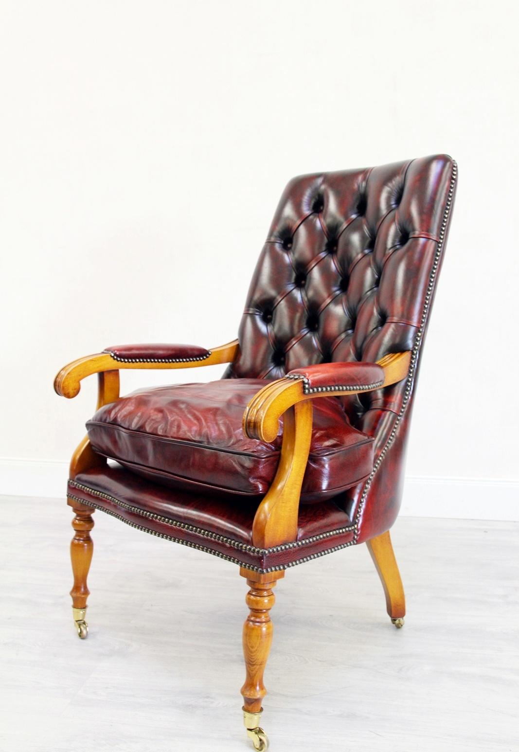 20th Century Office Chair Antique Chesterfield Armchair Office Chair Leather Vintage Chair For Sale