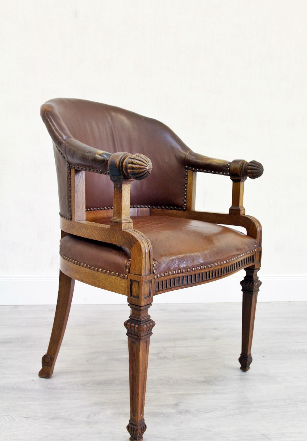 19th Century Office Chair Antique Early Days Armchair Office Armchair Leather Vintage Chair For Sale
