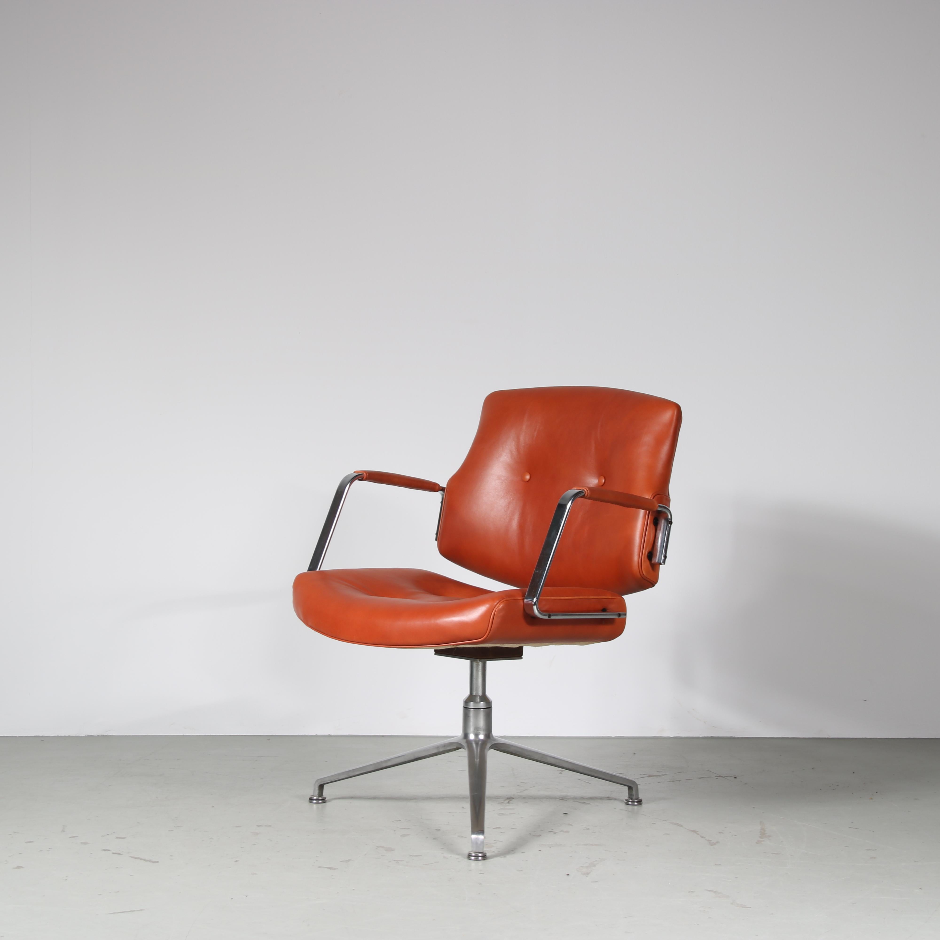 A fantastic office chair designed by Preben Fabricius and Jorgen Kastholm, manufactured by Kill International in Germany around 1970.

This eye-catching chair features an elegant, tubular chrome plated metal base that complements the rich cognac