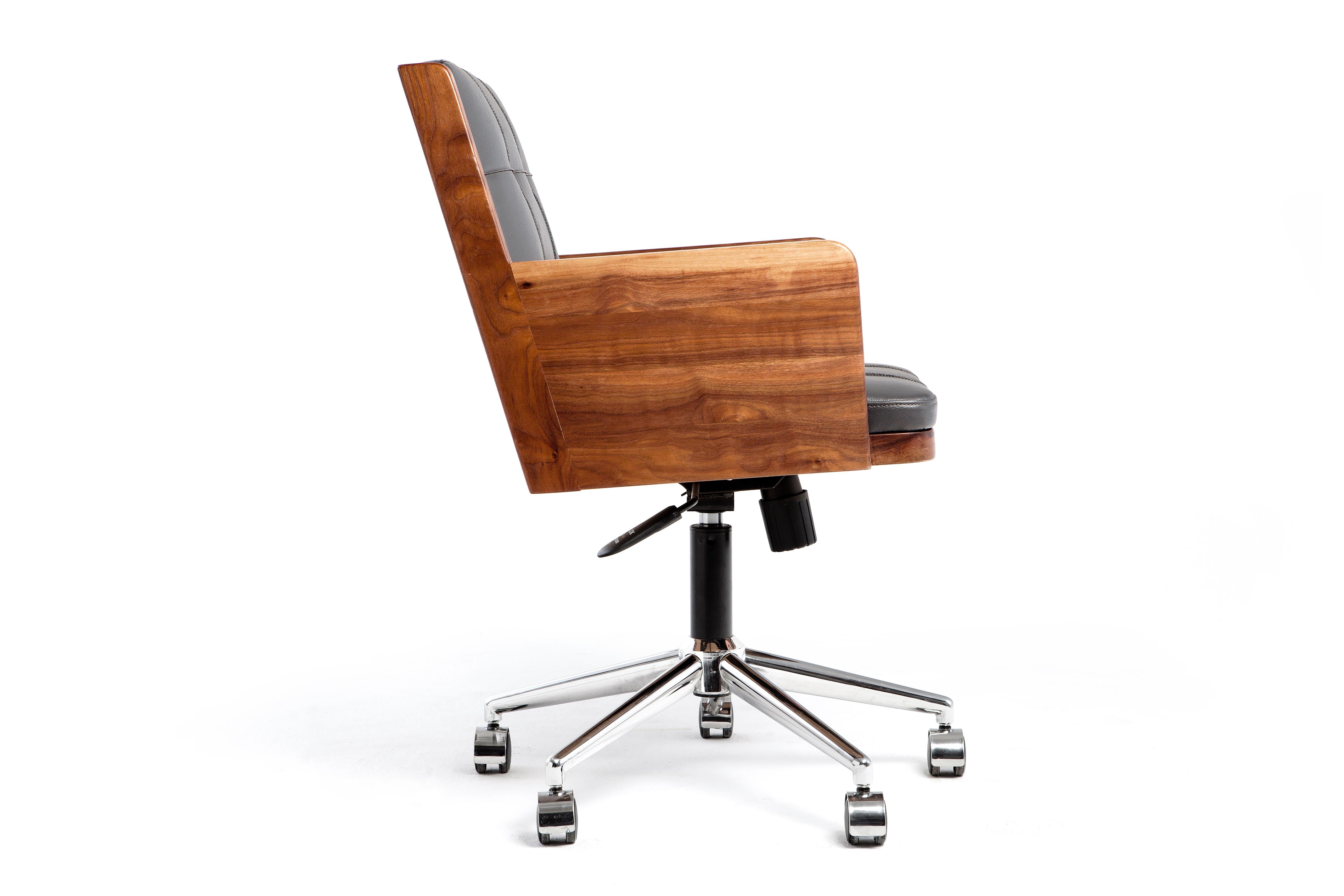 Darwin added wheels to the office chair in 19th century.
In the 1970s ergonomics was added to design criteria.
Today, it is the key element for whom spends long hours in the office.
Office chair consists a solid walnut/oak/plywood body,
