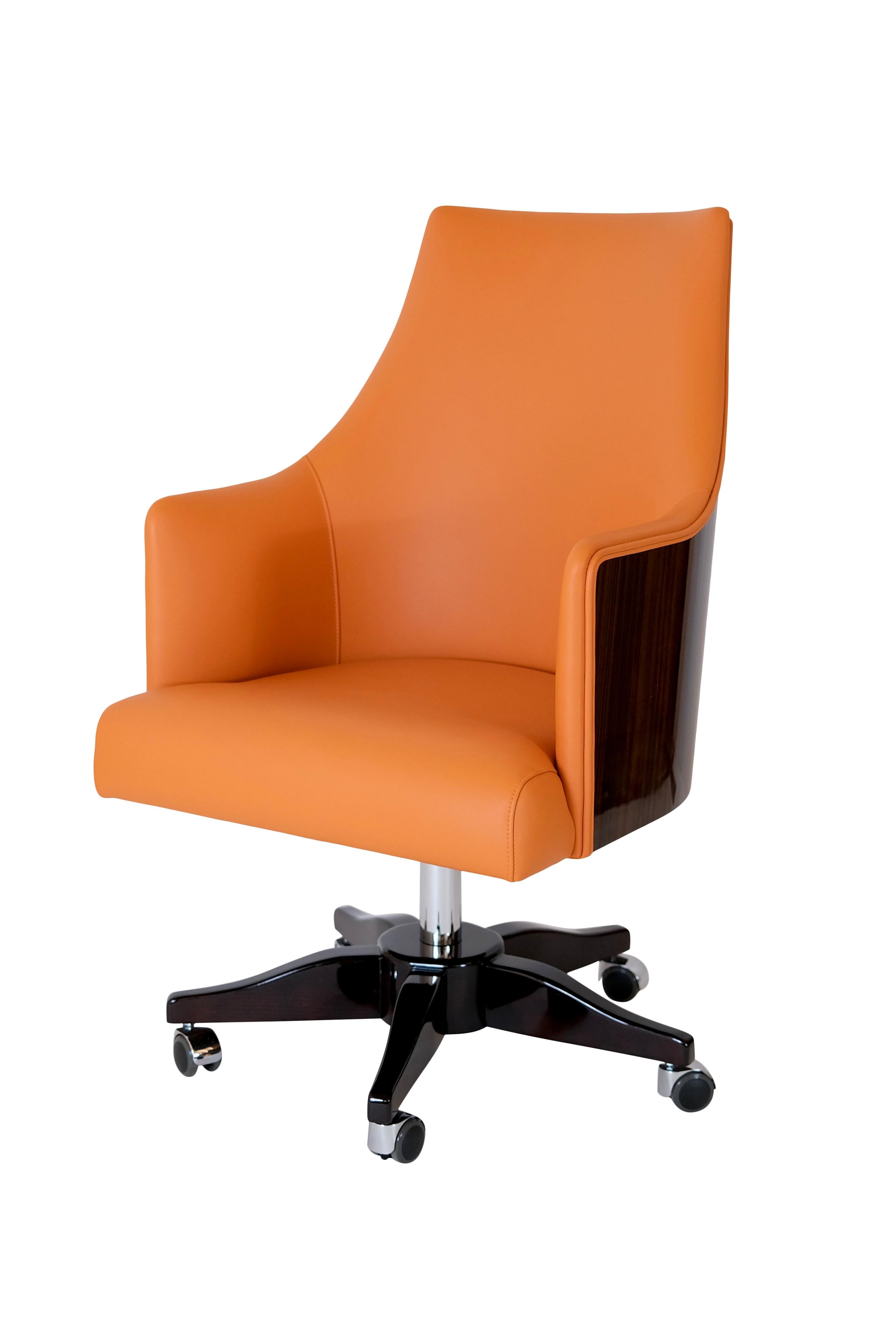 Office Chair in Leather and Real Wood Veneer in the Style of French Art Deco