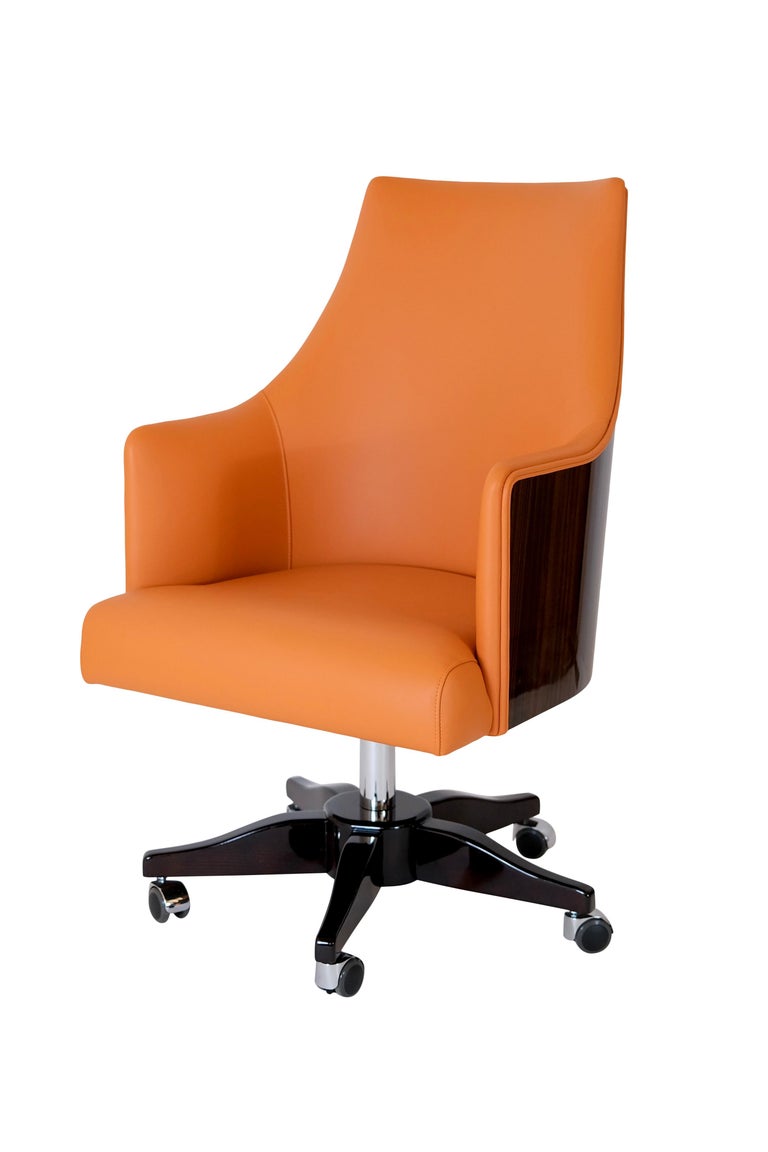 Office Chair in Leather and Real Wood Veneer in the Style of French Art