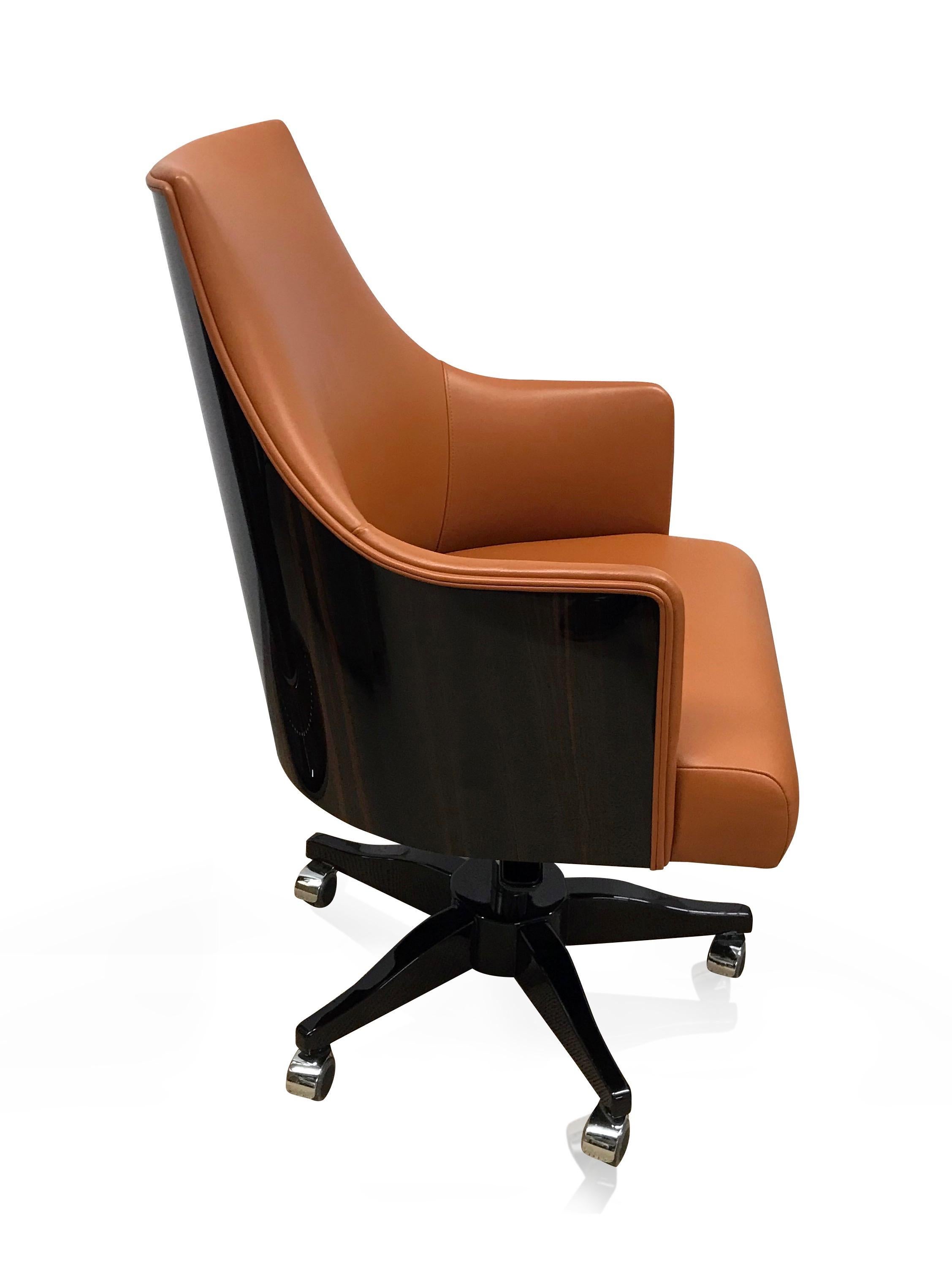 Office Chair In Leather And Real Wood Veneer In The Style Of French Art Deco For Sale At 1stdibs