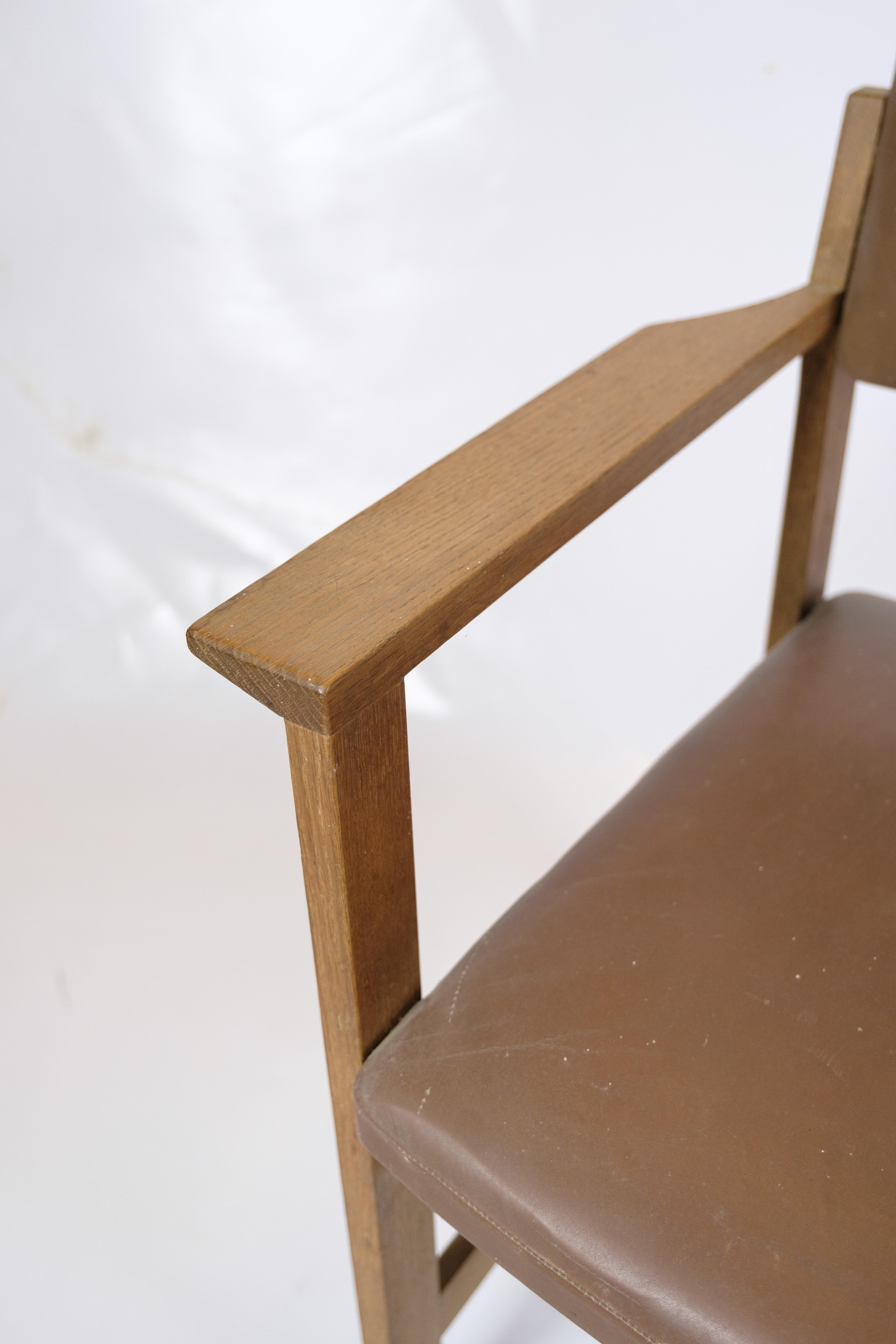 Danish Office Chair Made IN Oak & Brown Leather From 1970s For Sale