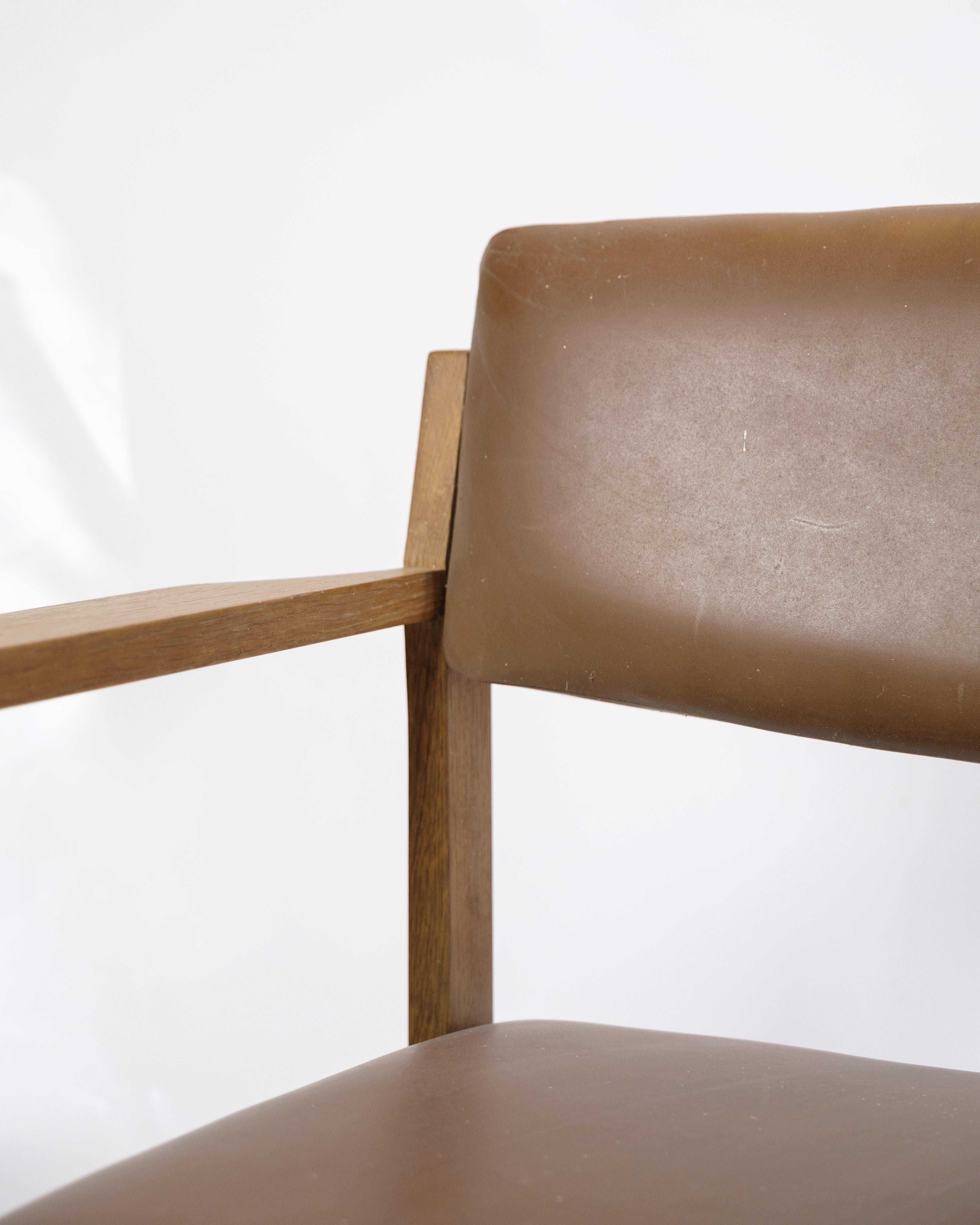 Office Chair Made IN Oak & Brown Leather From 1970s In Good Condition For Sale In Lejre, DK