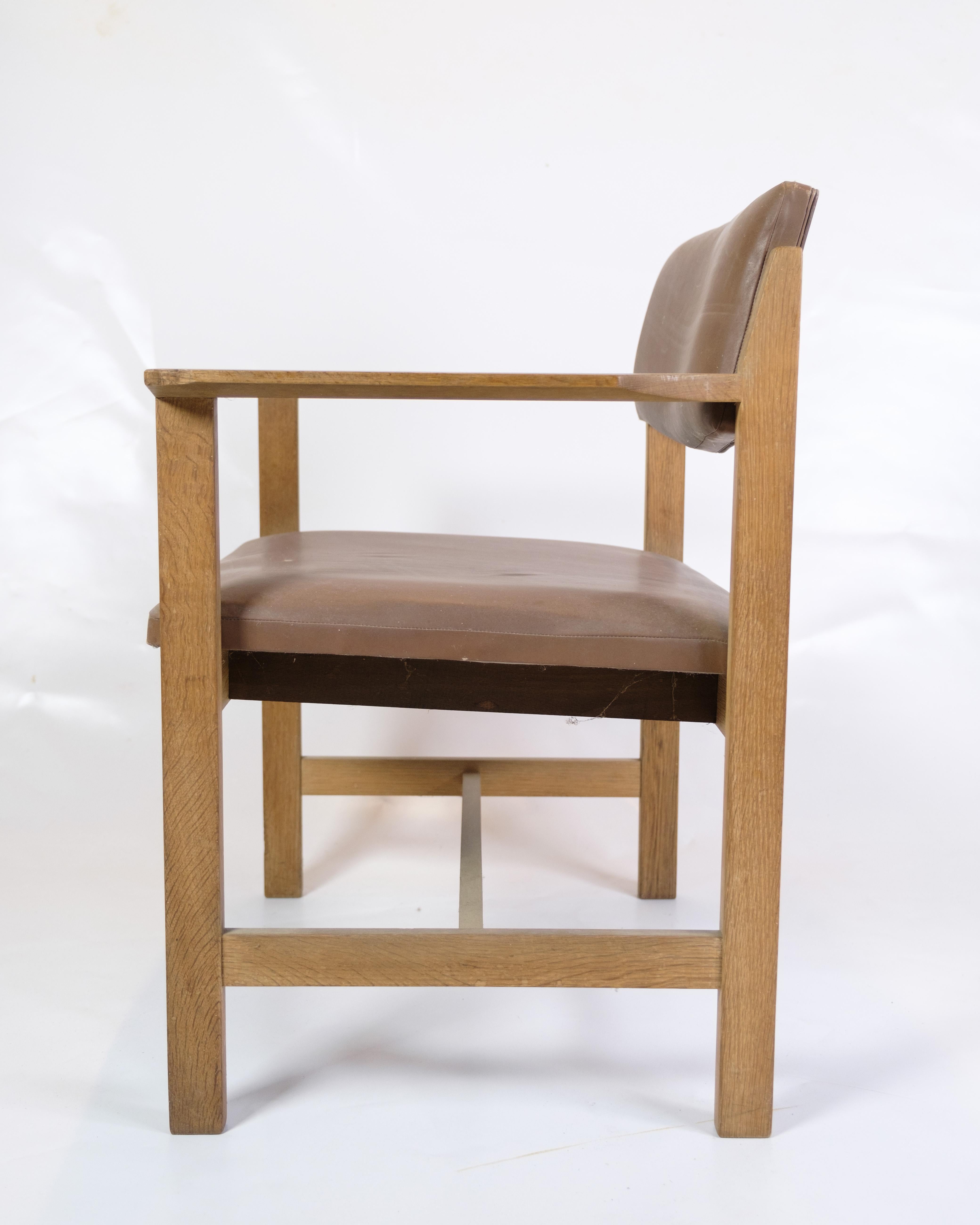 Late 20th Century Office Chair Made IN Oak & Brown Leather From 1970s For Sale