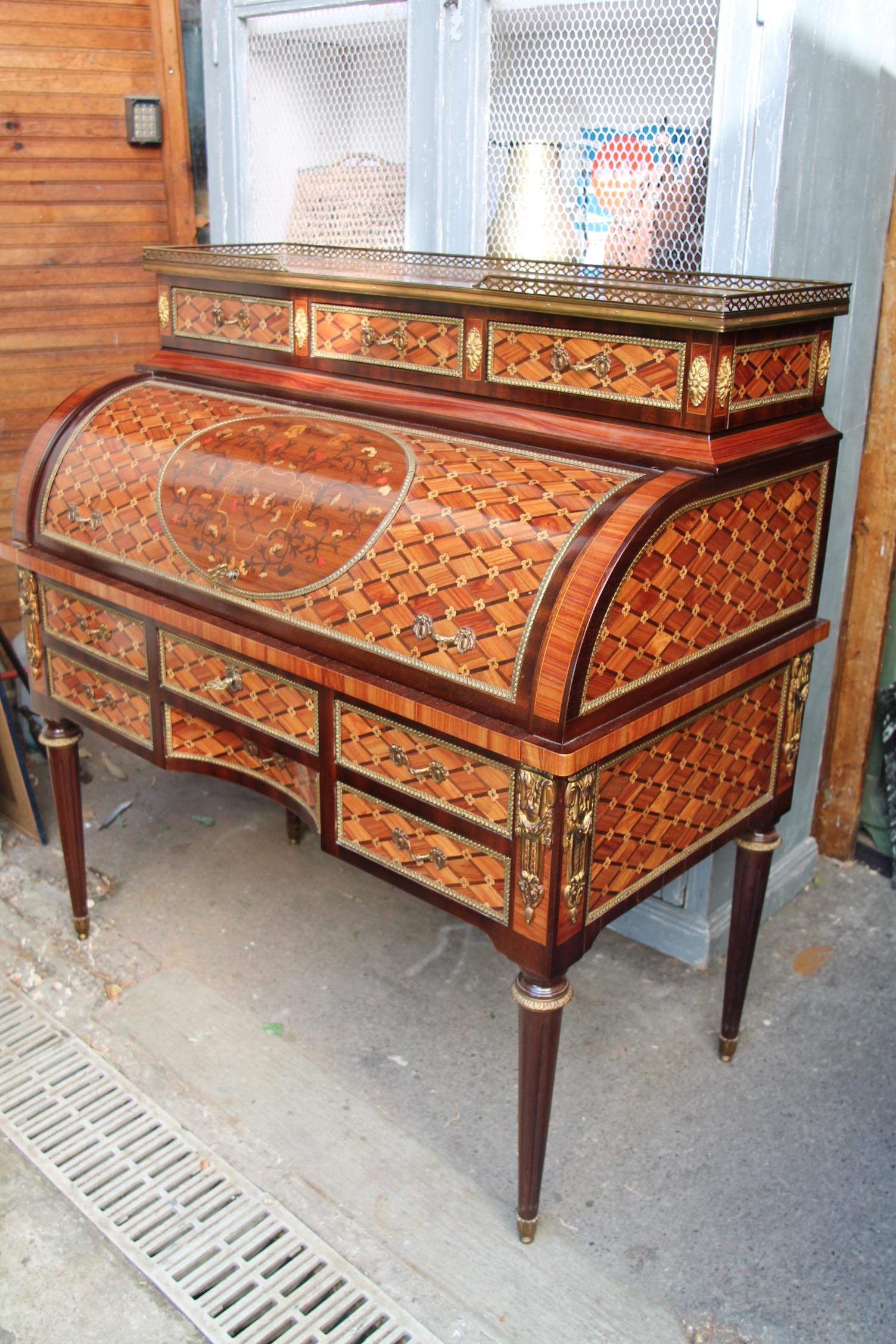 Mid-20th Century Office Desk Cylinder Style Louis XVI Marquetry Inlaid, France